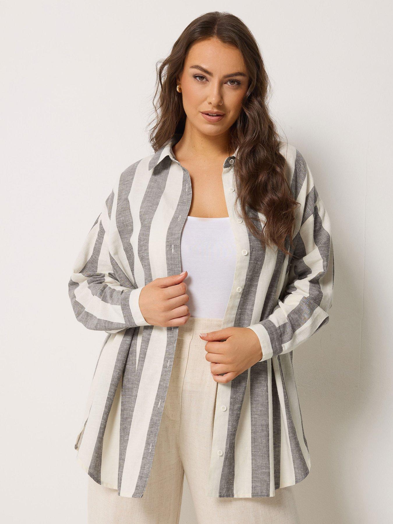 Image 1 of 5 of Yours Curve Long Sleeve Striped Linen Shirt - Brown