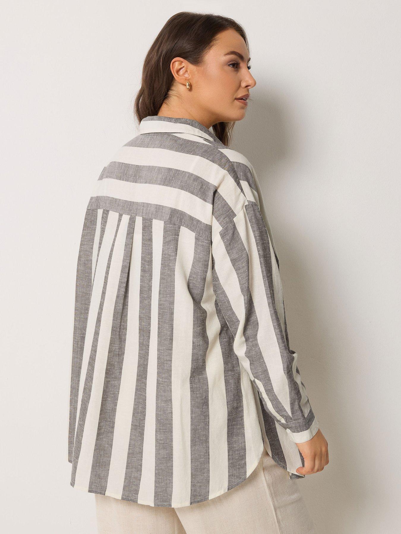 Image 2 of 5 of Yours Curve Long Sleeve Striped Linen Shirt - Brown