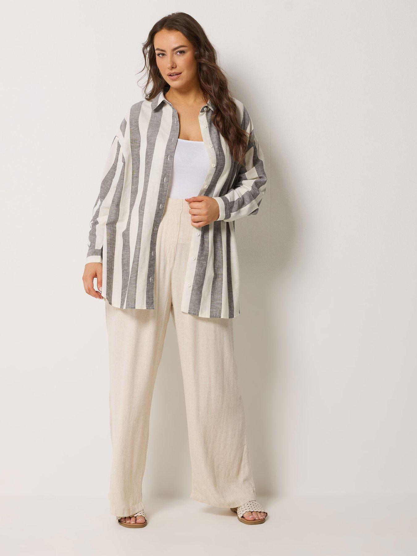 Image 3 of 5 of Yours Curve Long Sleeve Striped Linen Shirt - Brown