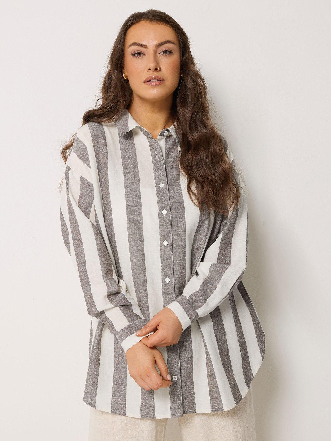 Image 4 of 5 of Yours Curve Long Sleeve Striped Linen Shirt - Brown
