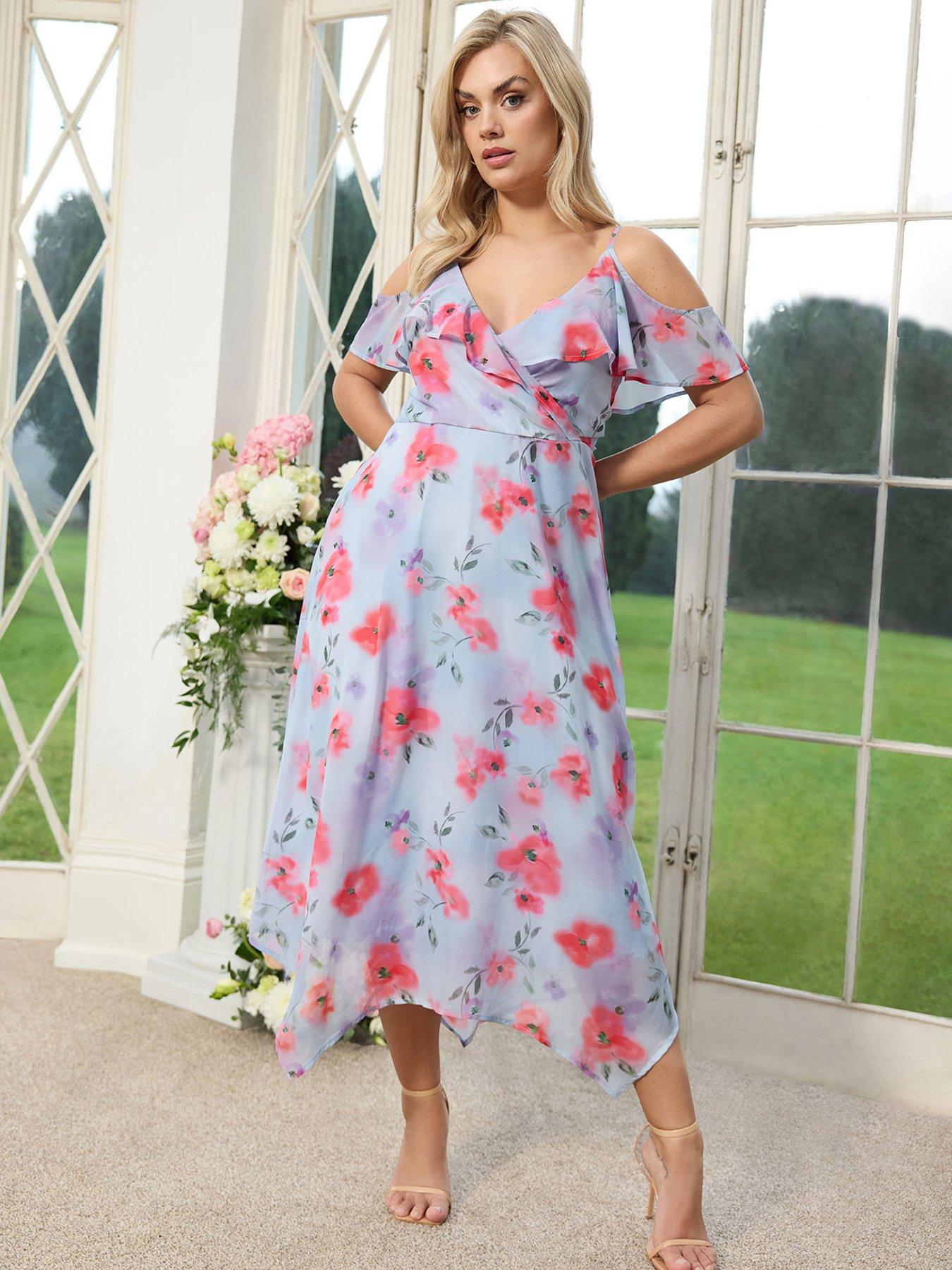 Yours Curve Floral Ruffle Hanky Hem Wrap Dress - Blue