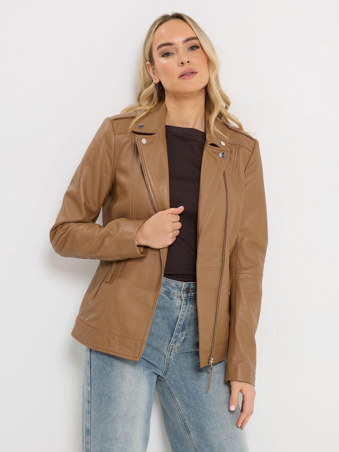 Long Tall Sally Premium Leather Biker Jacket - Brown