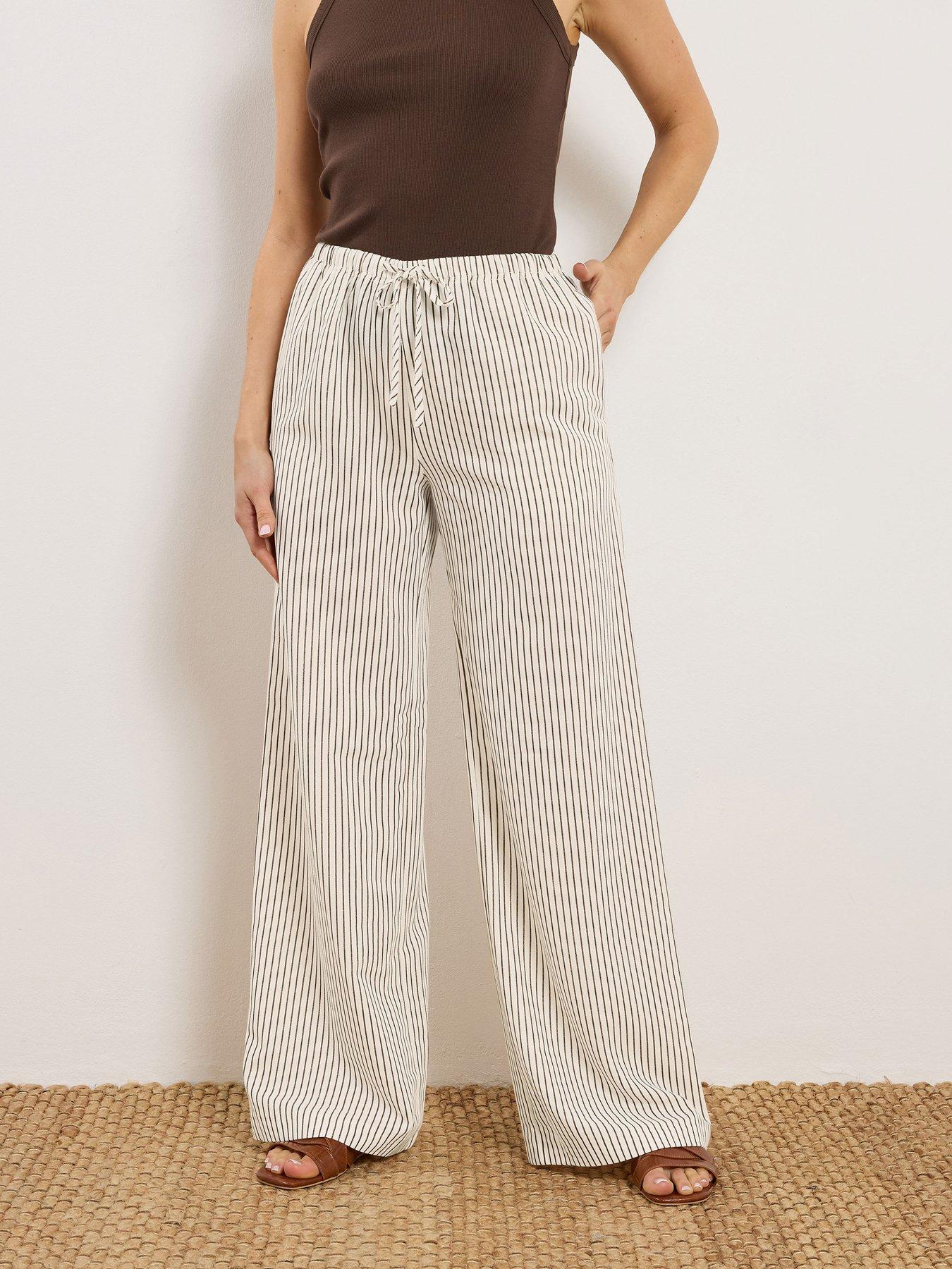 Long Tall Sally Striped Linen Look Trousers 34" - Cream