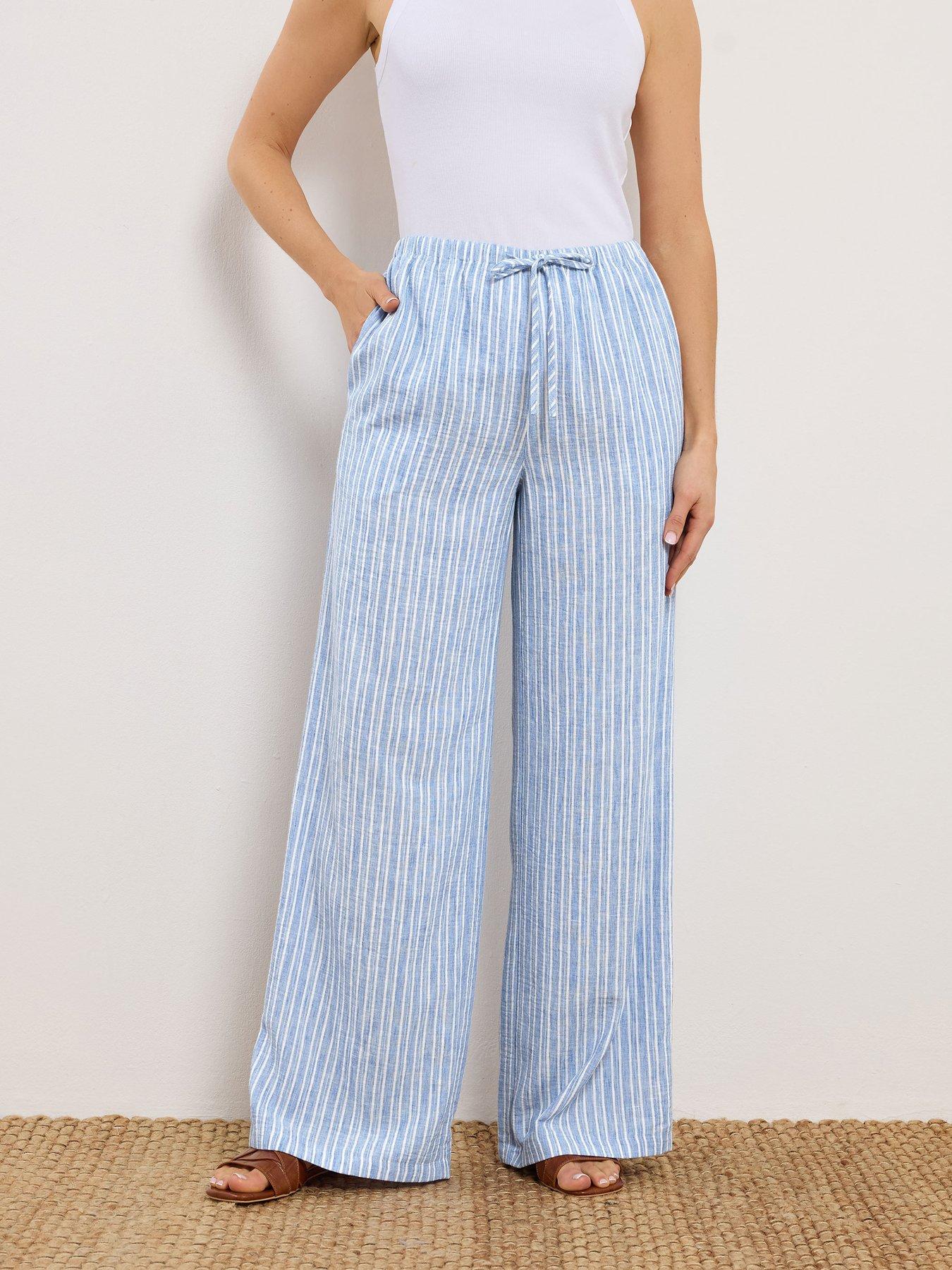 Image 1 of 5 of Long Tall Sally Striped Linen Look Trousers 36" - Blue