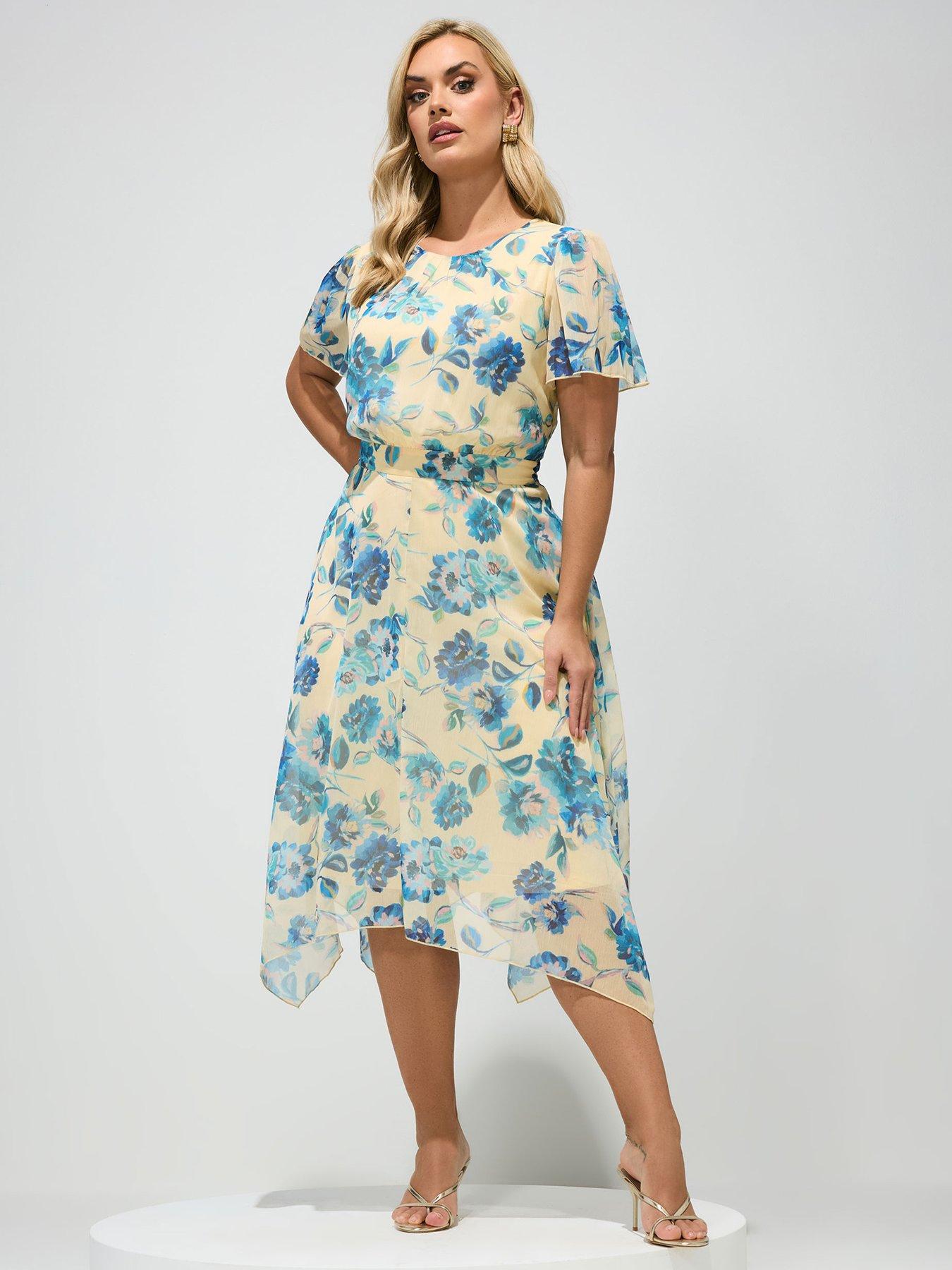 Yours Curve Floral Ruffle Sleeve Hanky Hem Dress - Yellow