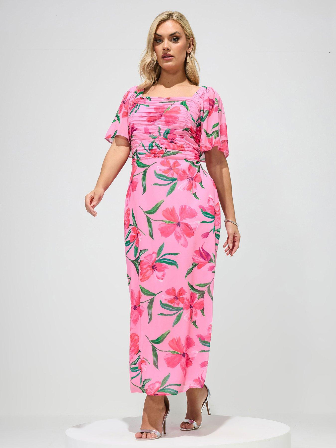 Image 1 of 5 of Yours Curve Floral Gather Square Neck Dress - Pink