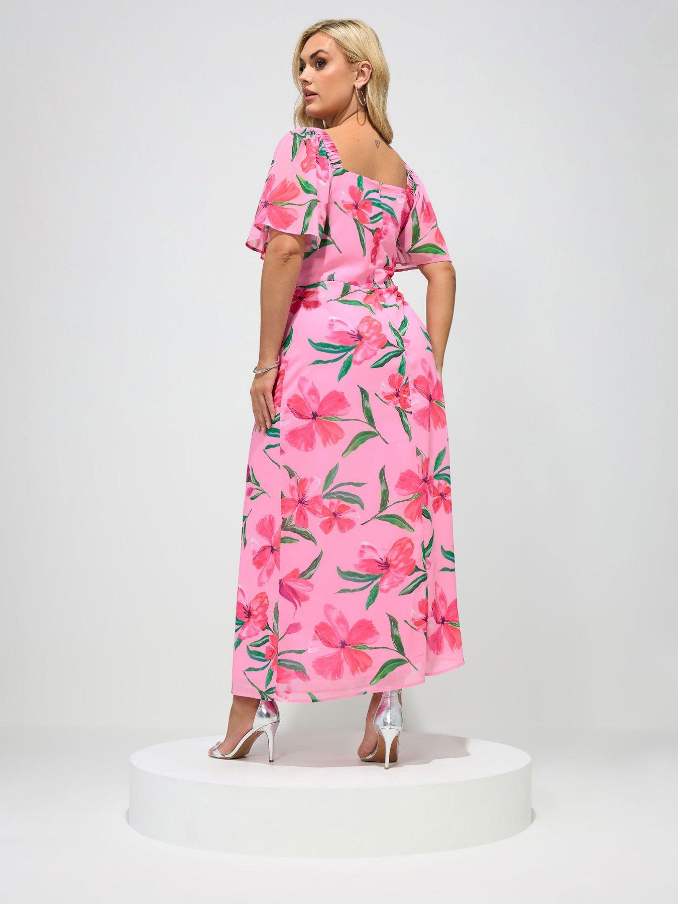 Image 2 of 5 of Yours Curve Floral Gather Square Neck Dress - Pink