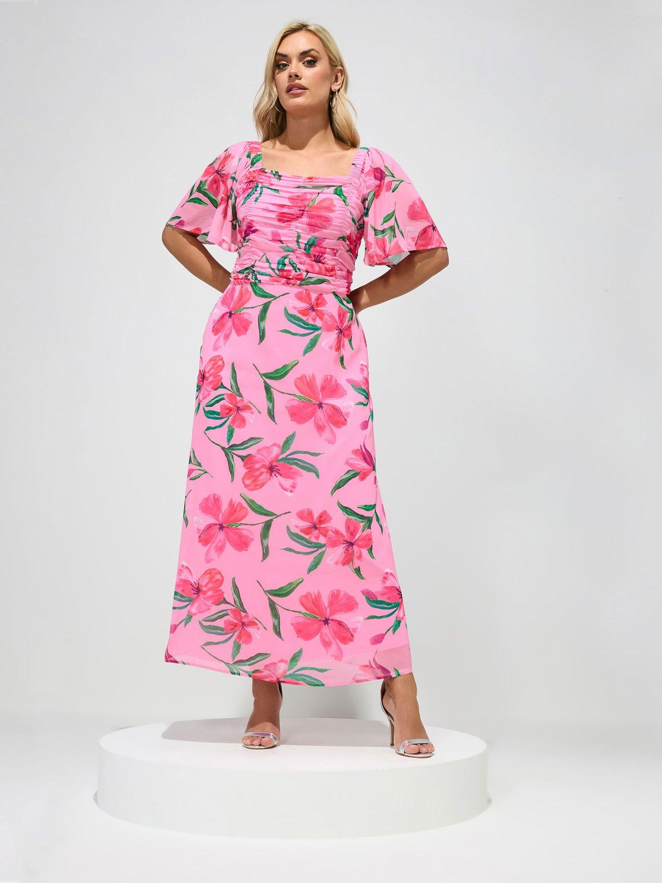 Image 3 of 5 of Yours Curve Floral Gather Square Neck Dress - Pink