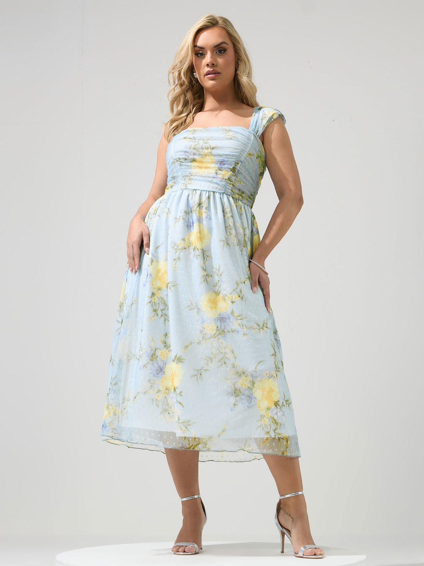 Yours Curve Spot Print Mesh Skater Dress - Blue
