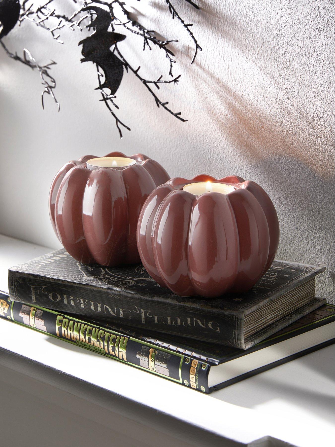 The Very Collection Set Of 2 Pumpkin Ceramic Tealight Candle Holders Red