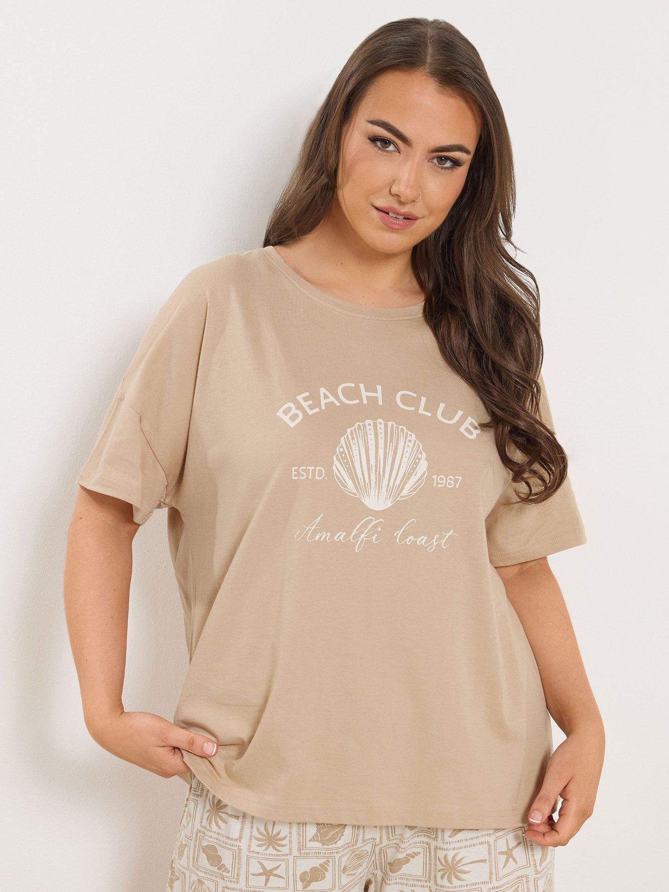 Yours Curve Beach Club Short Sleeve Pyjama Set - Brown