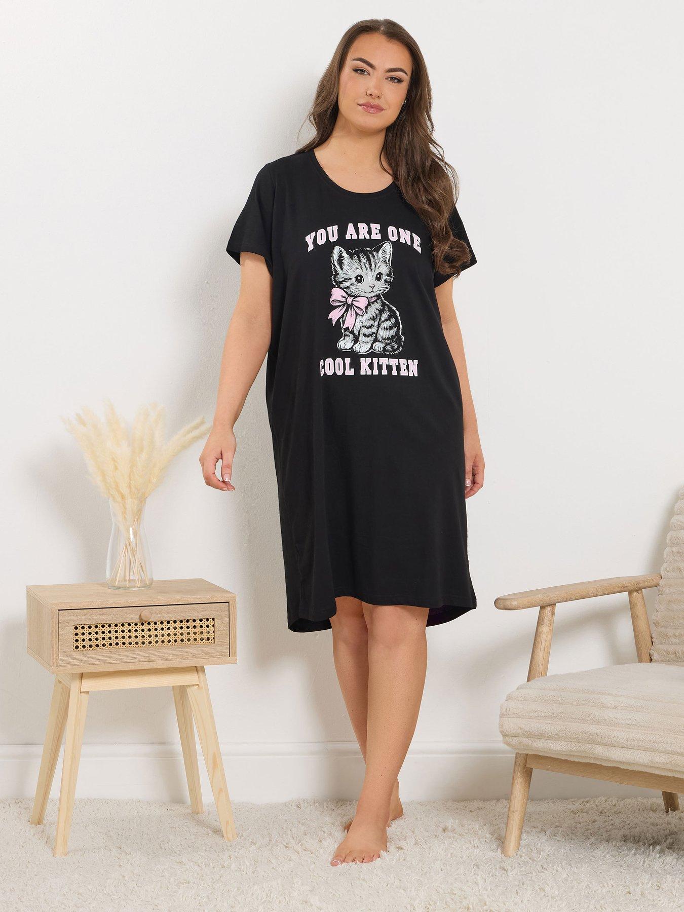 Yours Curve Cool Kitten Dipped Back Nightdress - Black