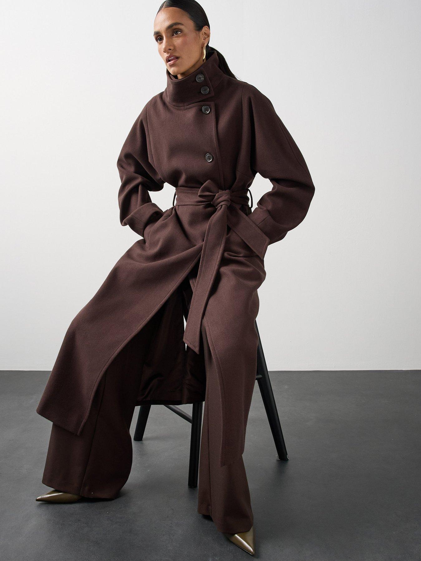 Image 1 of 7 of Michelle Keegan Belted Funnel Neck Longline Coat - Brown