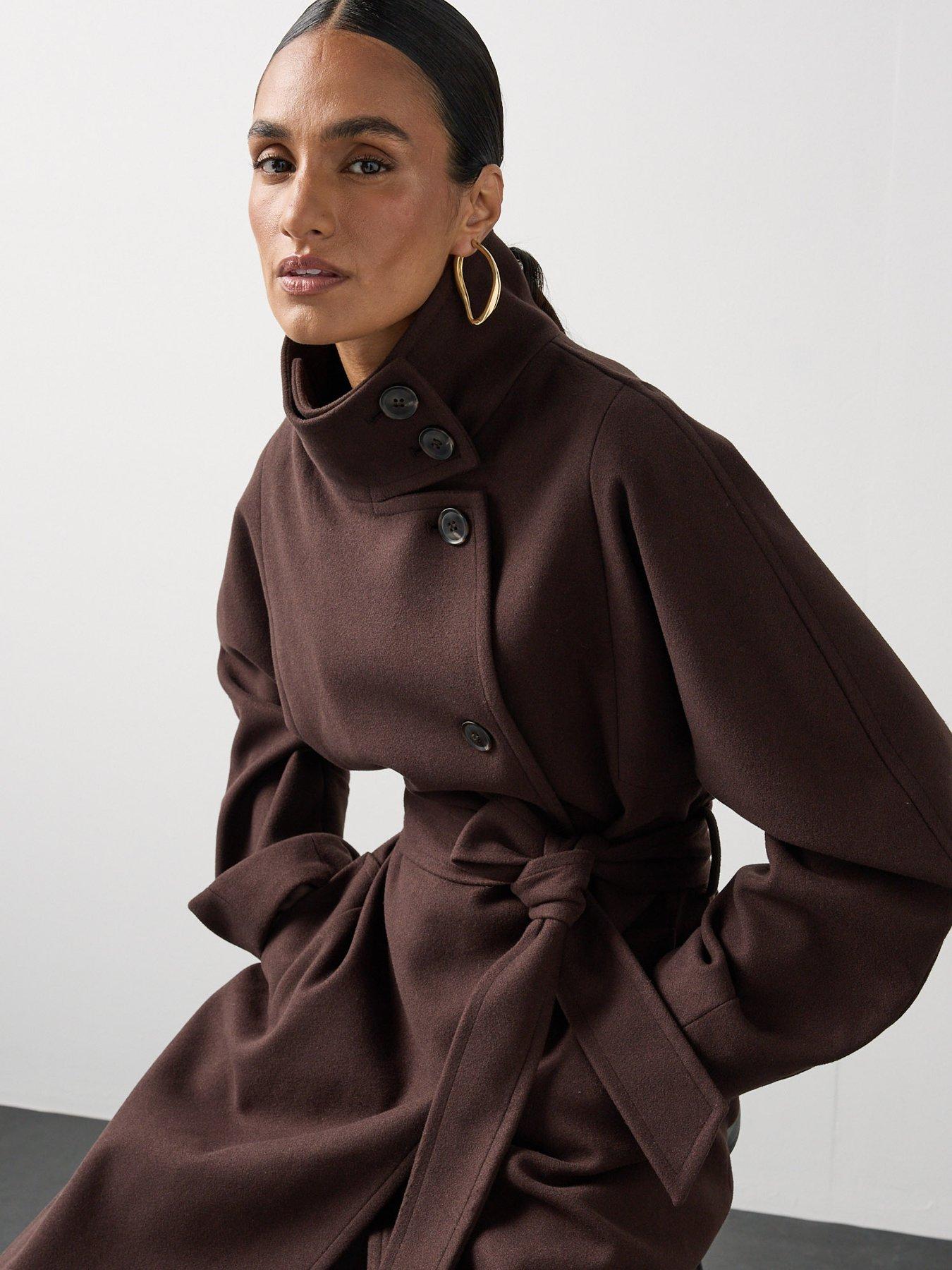 Image 3 of 7 of Michelle Keegan Belted Funnel Neck Longline Coat - Brown