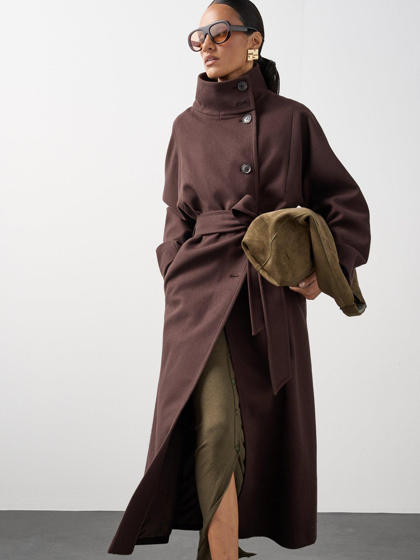 Image 4 of 7 of Michelle Keegan Belted Funnel Neck Longline Coat - Brown