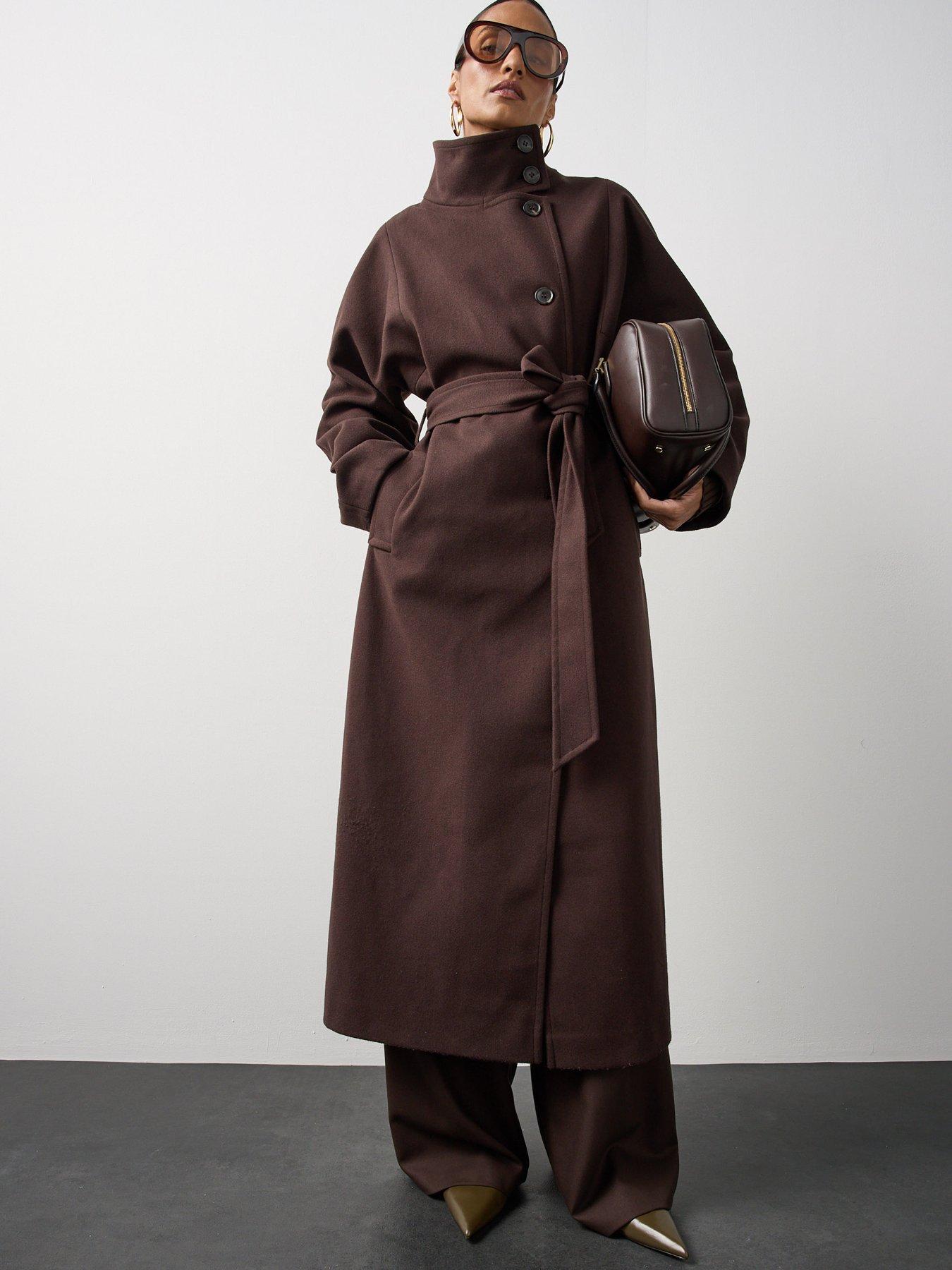 Image 5 of 7 of Michelle Keegan Belted Funnel Neck Longline Coat - Brown