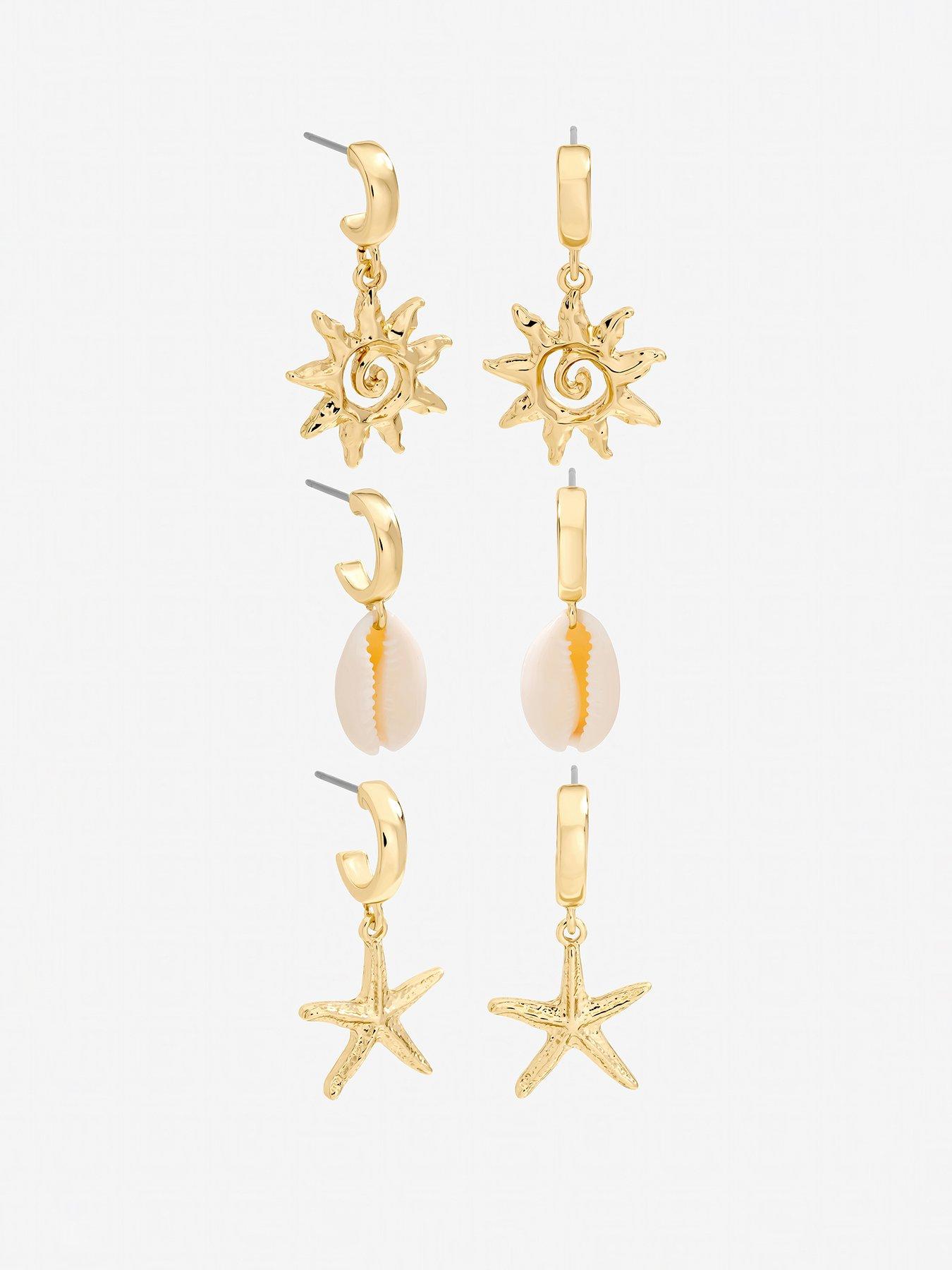 Mood Mood Gold Plated Real Shell Charm Earrings - Pack of 3