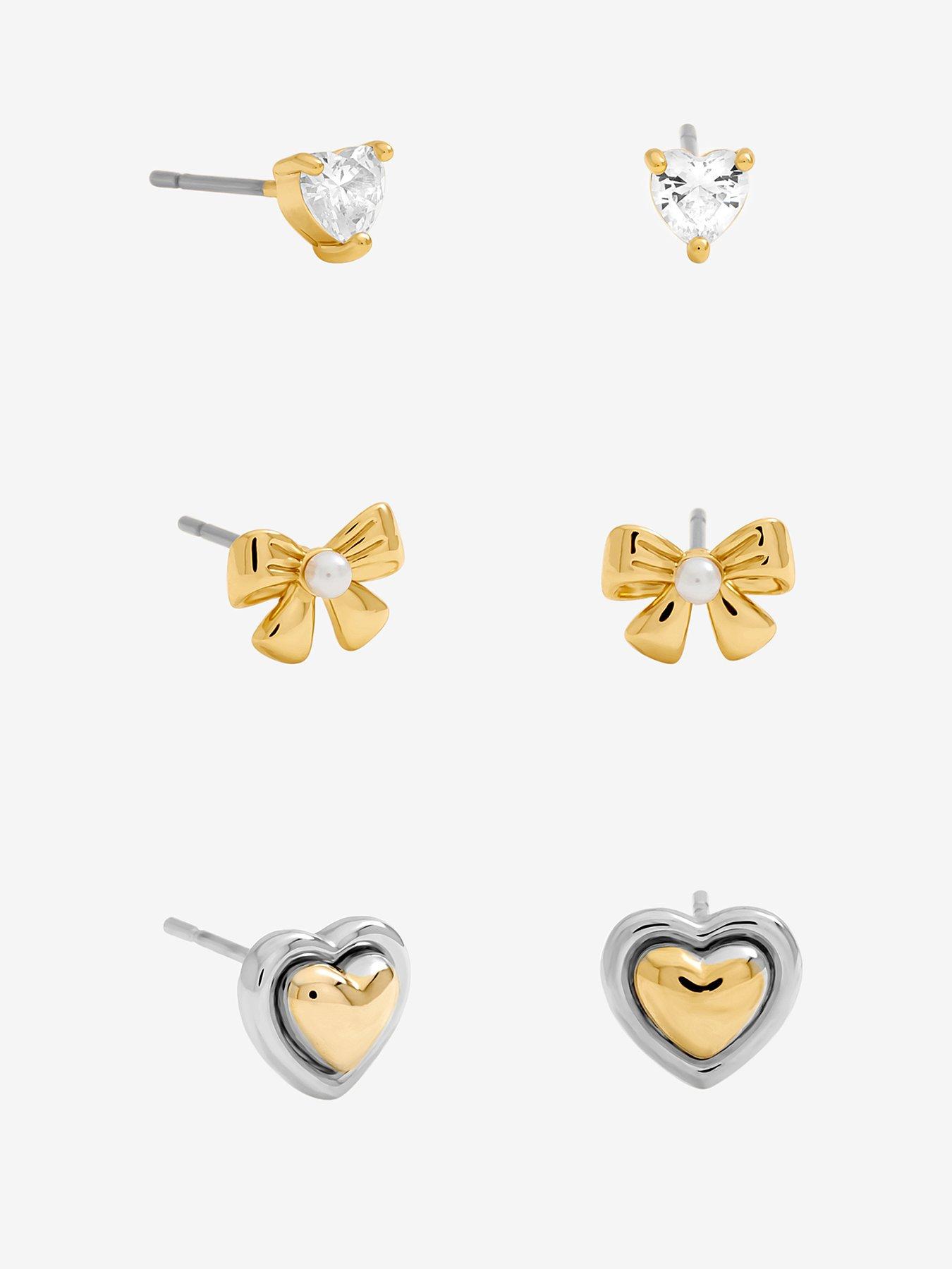 Inicio Inicio Gold Plated Heart and Bow Earrings - Pack of 3 - Gift Pouch