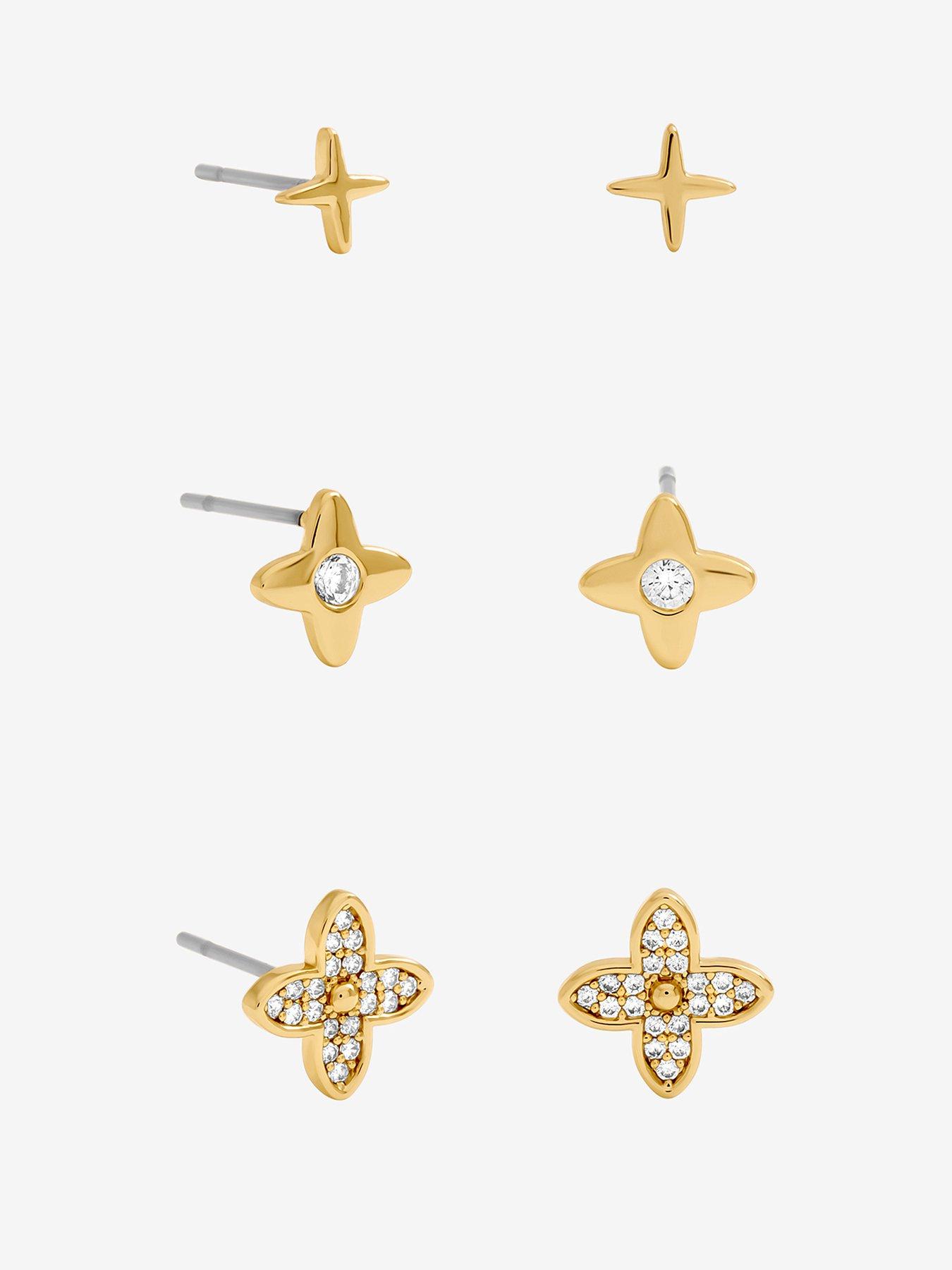 Inicio Inicio Gold Plated Polished and Crystal Clover Earrings - Pack of 3 - Gift Pouch