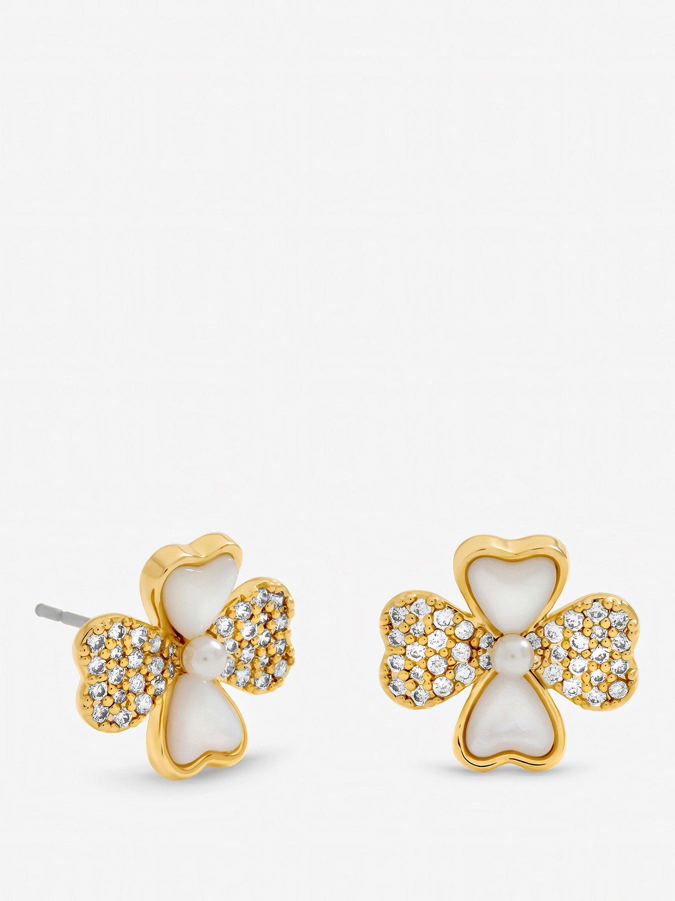 Inicio Inicio Gold Plated Mother of Pearl and Pave Clover Stud Earrings - Gift Pouch