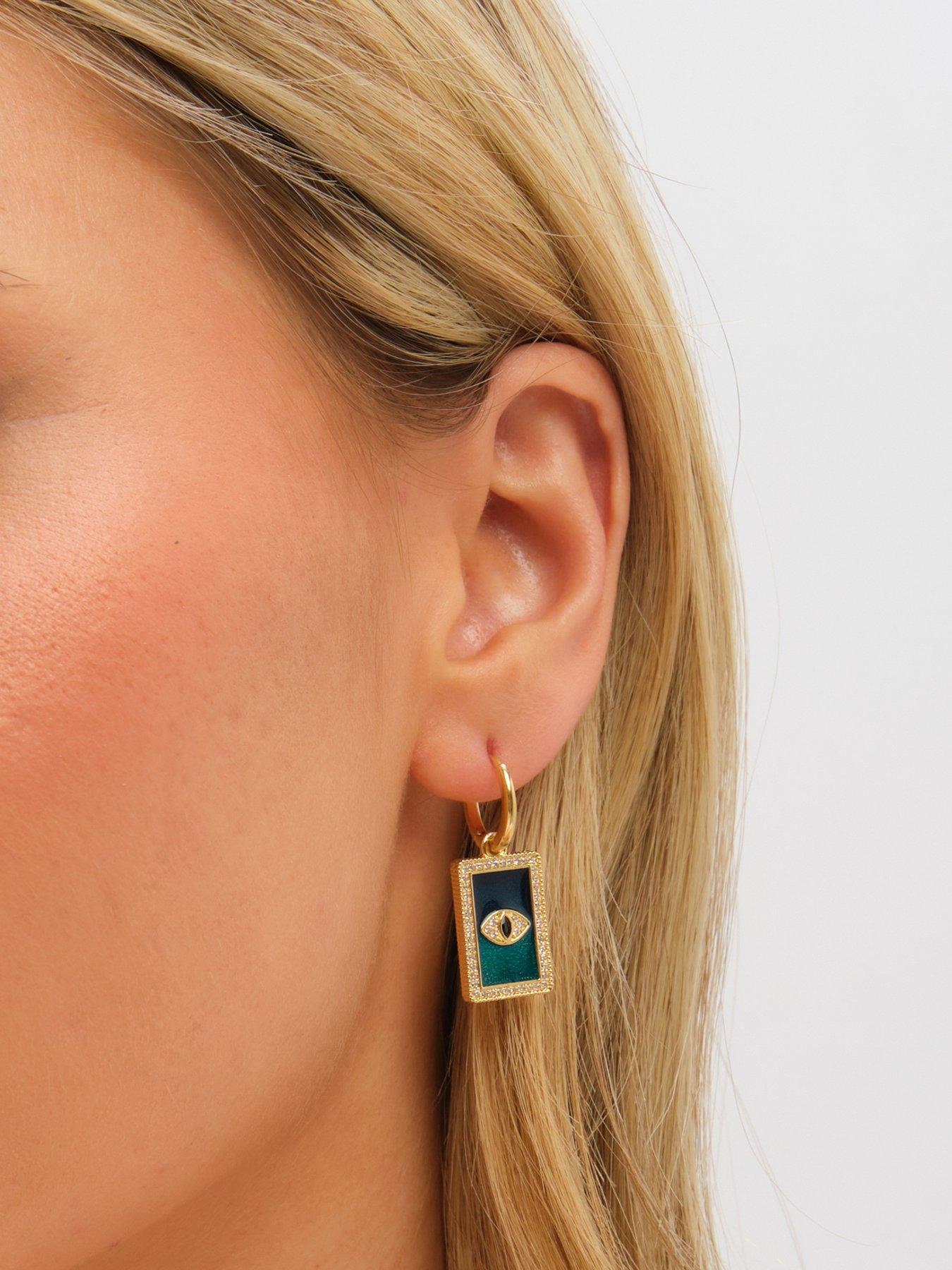 Image 2 of 3 of Inicio Inicio Gold Plated and Green Evil Eye Charm Huggie Earrings - Gift Pouch