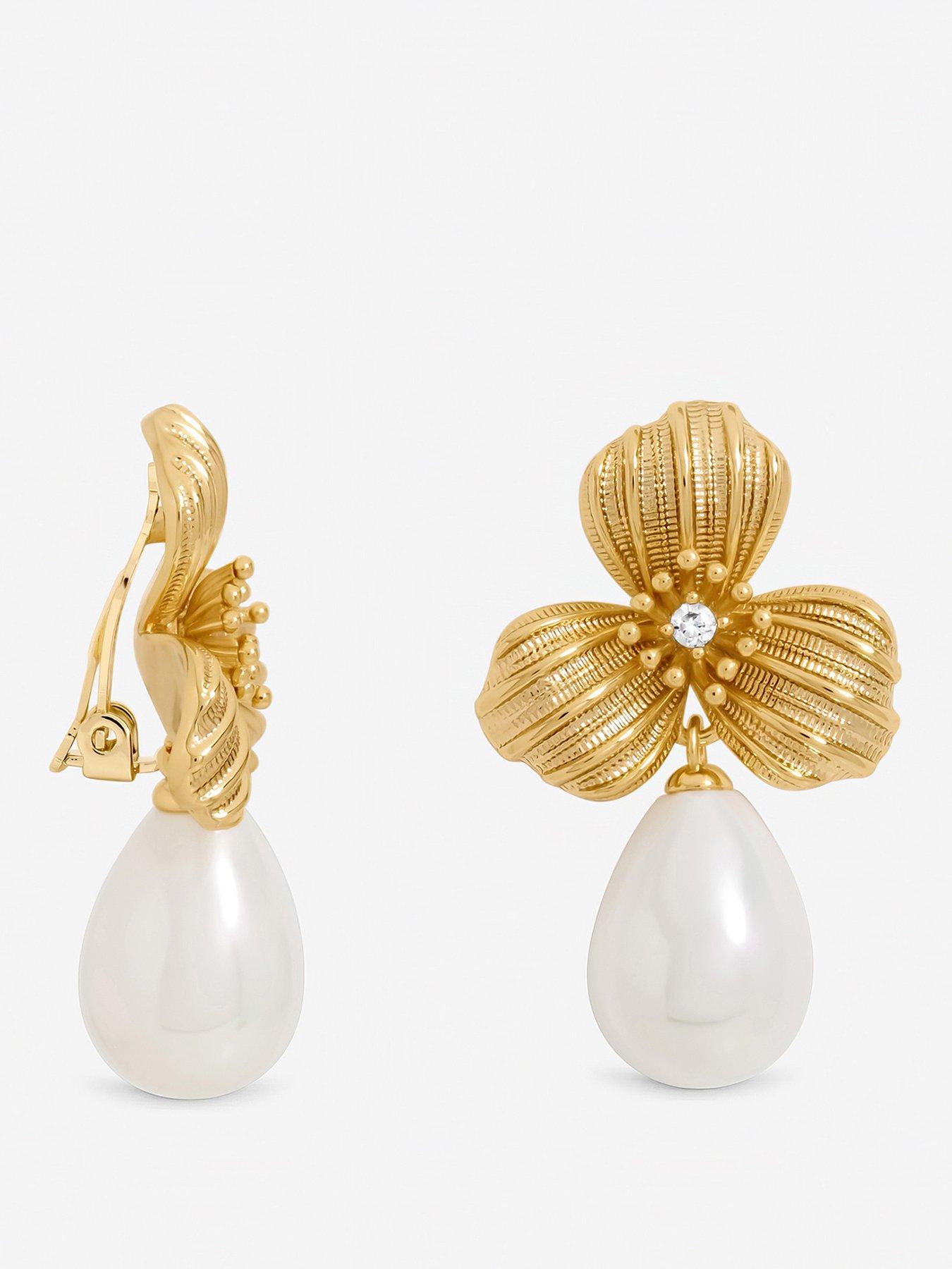 Jon Richard Jon Richard Textured Floral and Pearl Drop Clip Earrings
