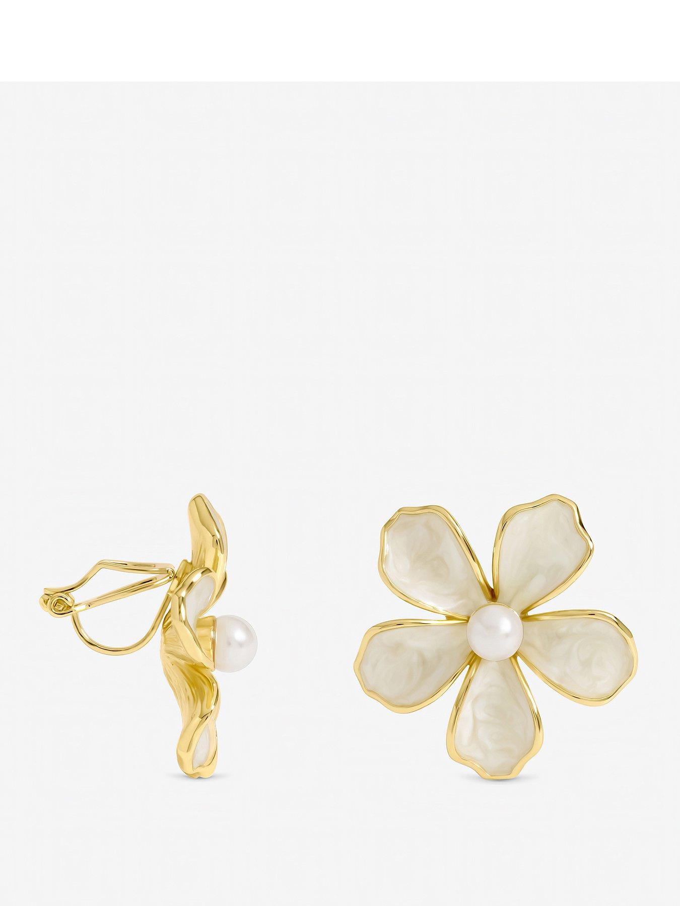 Jon Richard Jon Richard Gold Plated and White Enamel Flower Clip Earrings