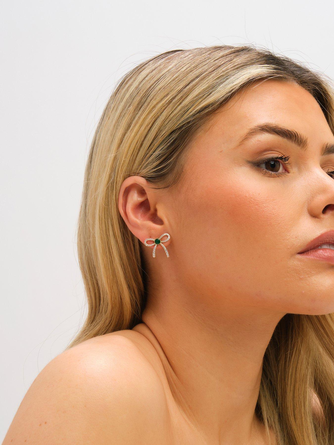 Image 3 of 3 of Jon Richard Jon Richard Gold Plated Crystal and Emerald Bow Stud Earrings