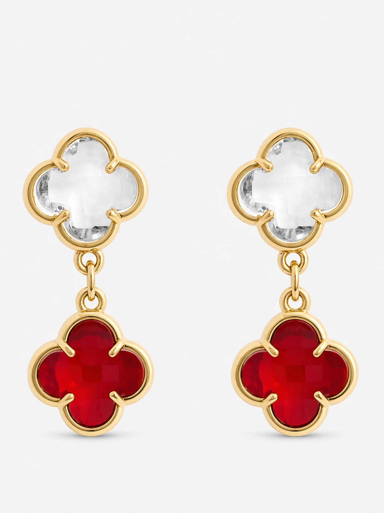 Jon Richard Jon Richard Gold Plated Ruby and Crystal Clover Drop Earrings
