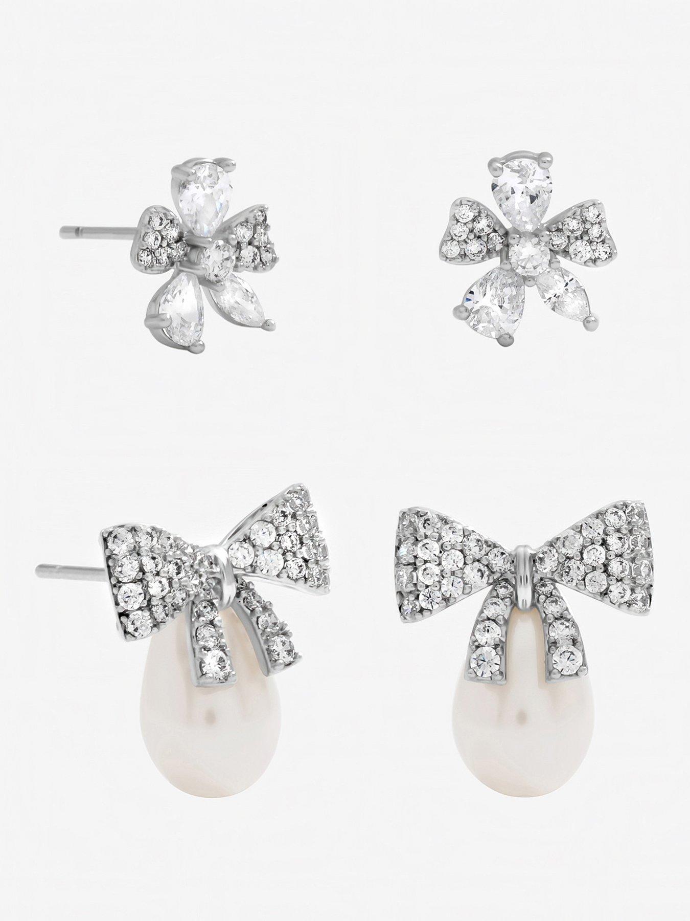 Jon Richard Jon Richard Rhodium Plated Pearl and Pave Bow Earrings - Pack of 2