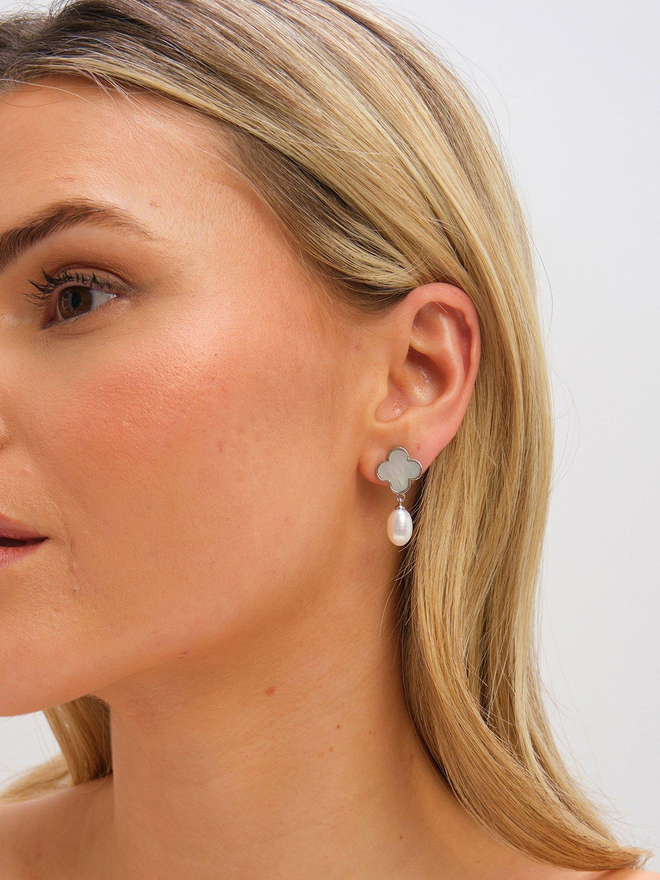 Jon Richard Jon Richard Rhodium Plated Pearl and Mother of Pearl Clover Drop Earrings