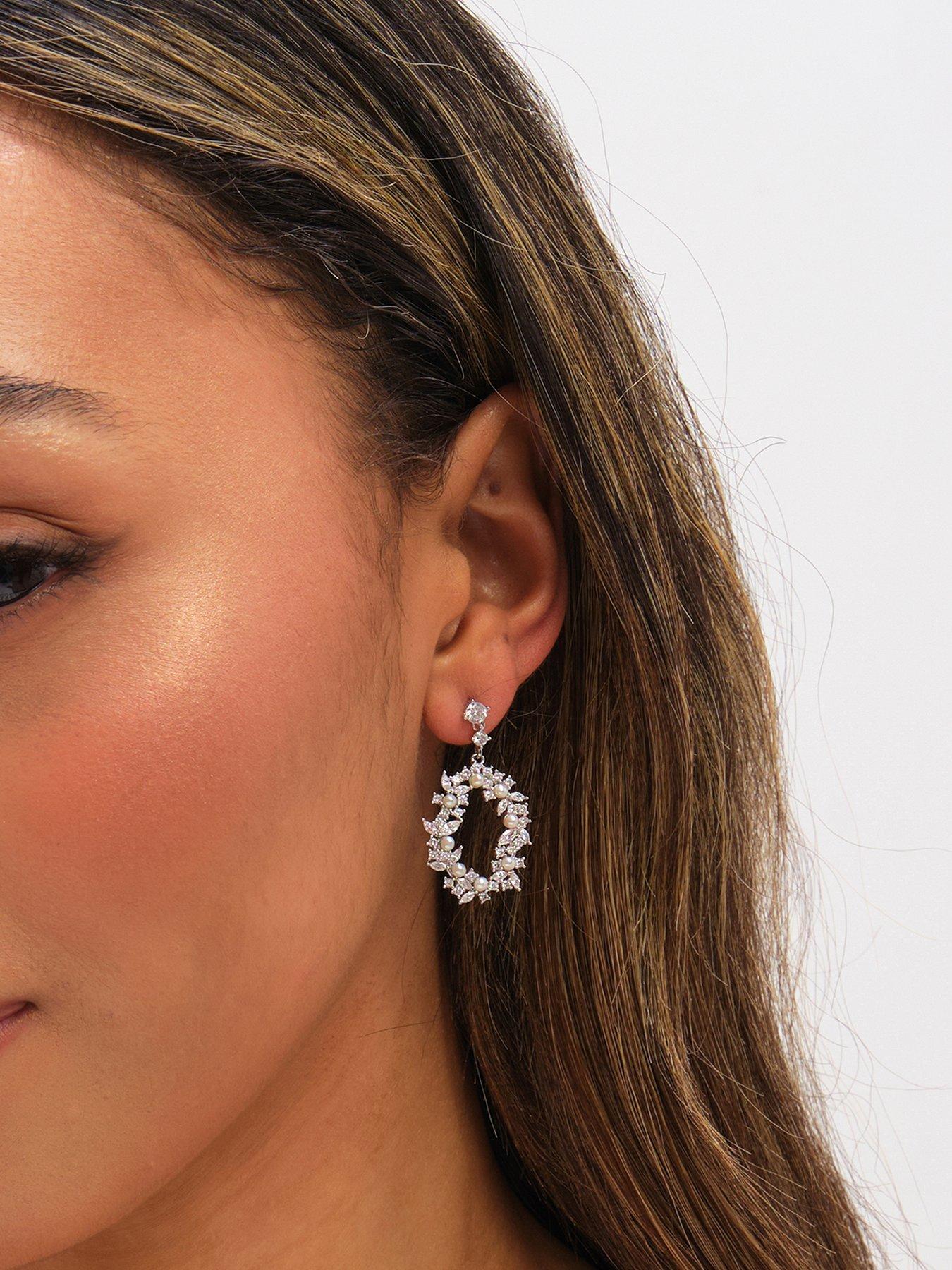 Jon Richard Jon Richard Rhodium Plated Crystal and Freshweater Pearl Open Earrings