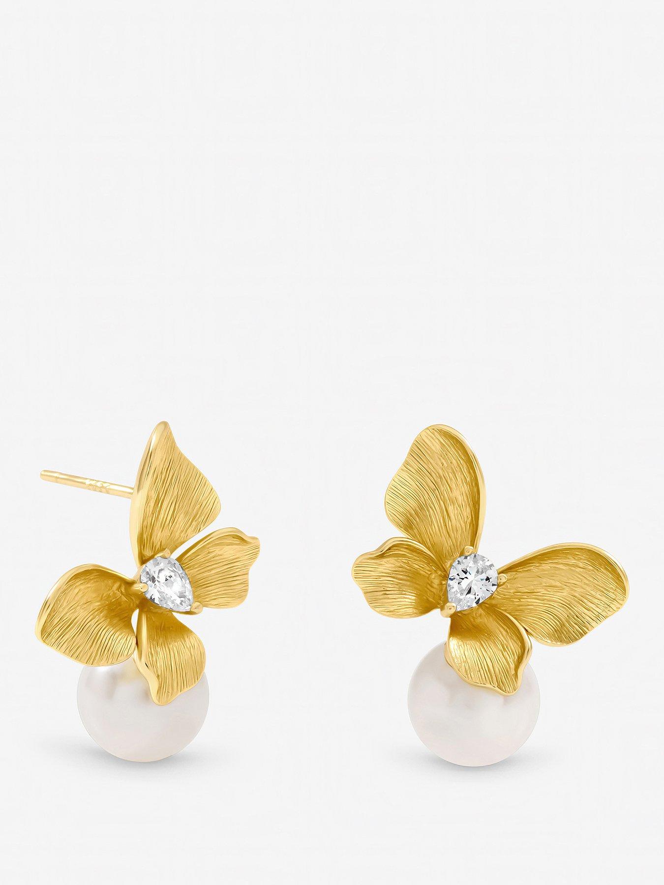 Jon Richard Jon Richard Gold Plated Satin Butterfly and Pearl Drop Earrings