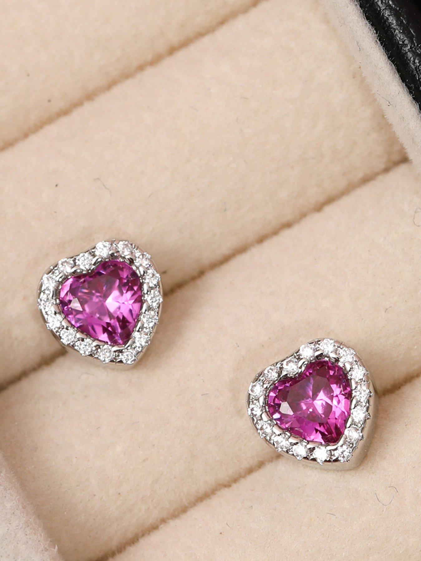 Jon Richard Rhodium Plated and Pink Heart Stud Earrings