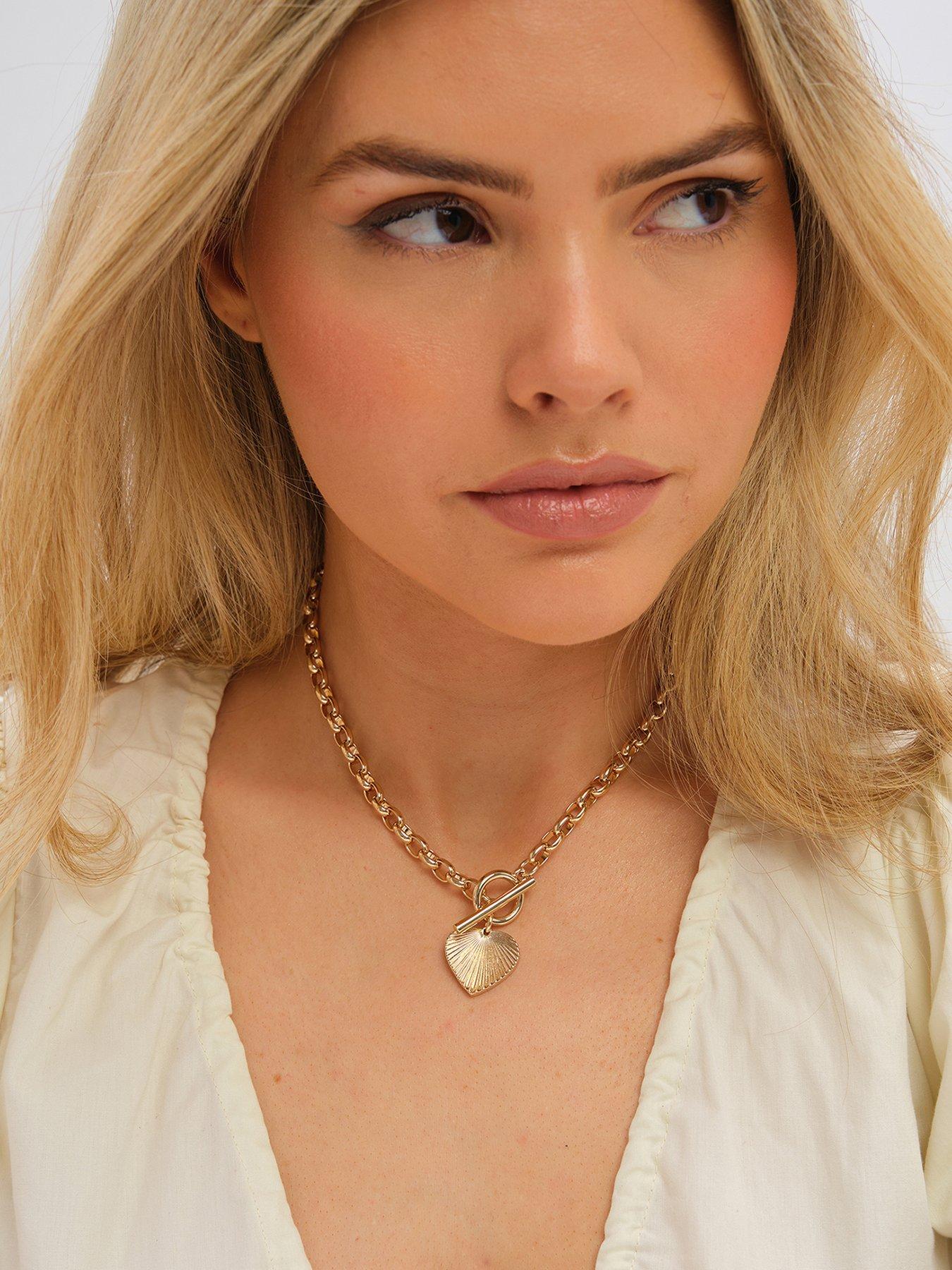 Inicio Gold Plated Diamond Cut Heart T-Bar Necklace - Gift Pouch