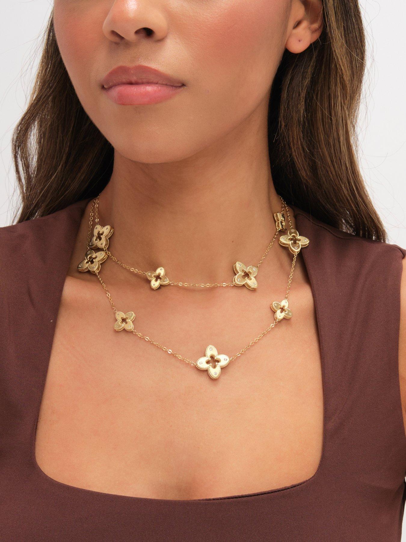 Jon Richard Jon Richard Gold Plated Textured Crystal Clover Long Necklace