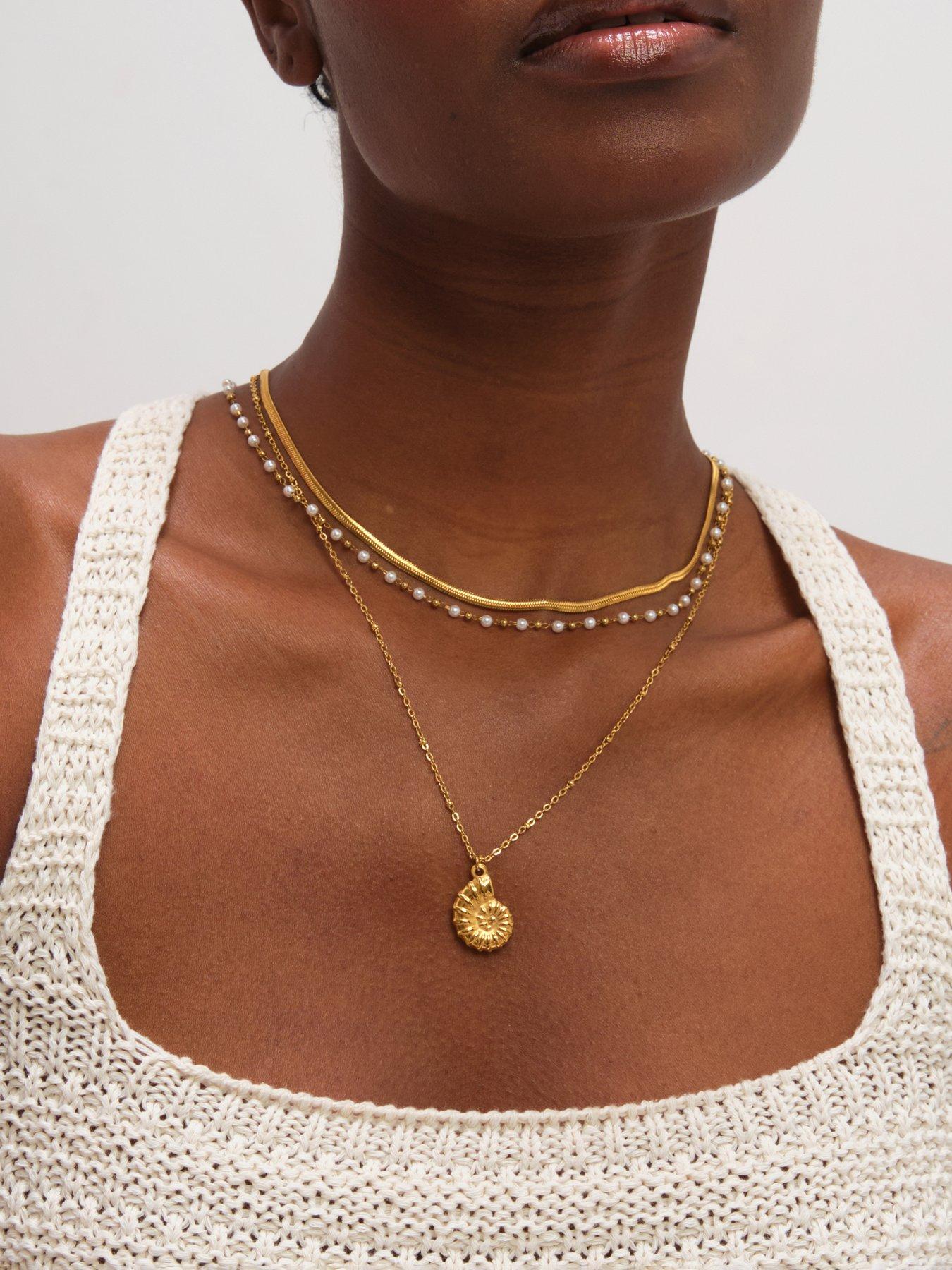 Image 2 of 3 of Jon Richard Jon Richard Gold Plated Waterproof Shell and Pearl Triple Row Necklace