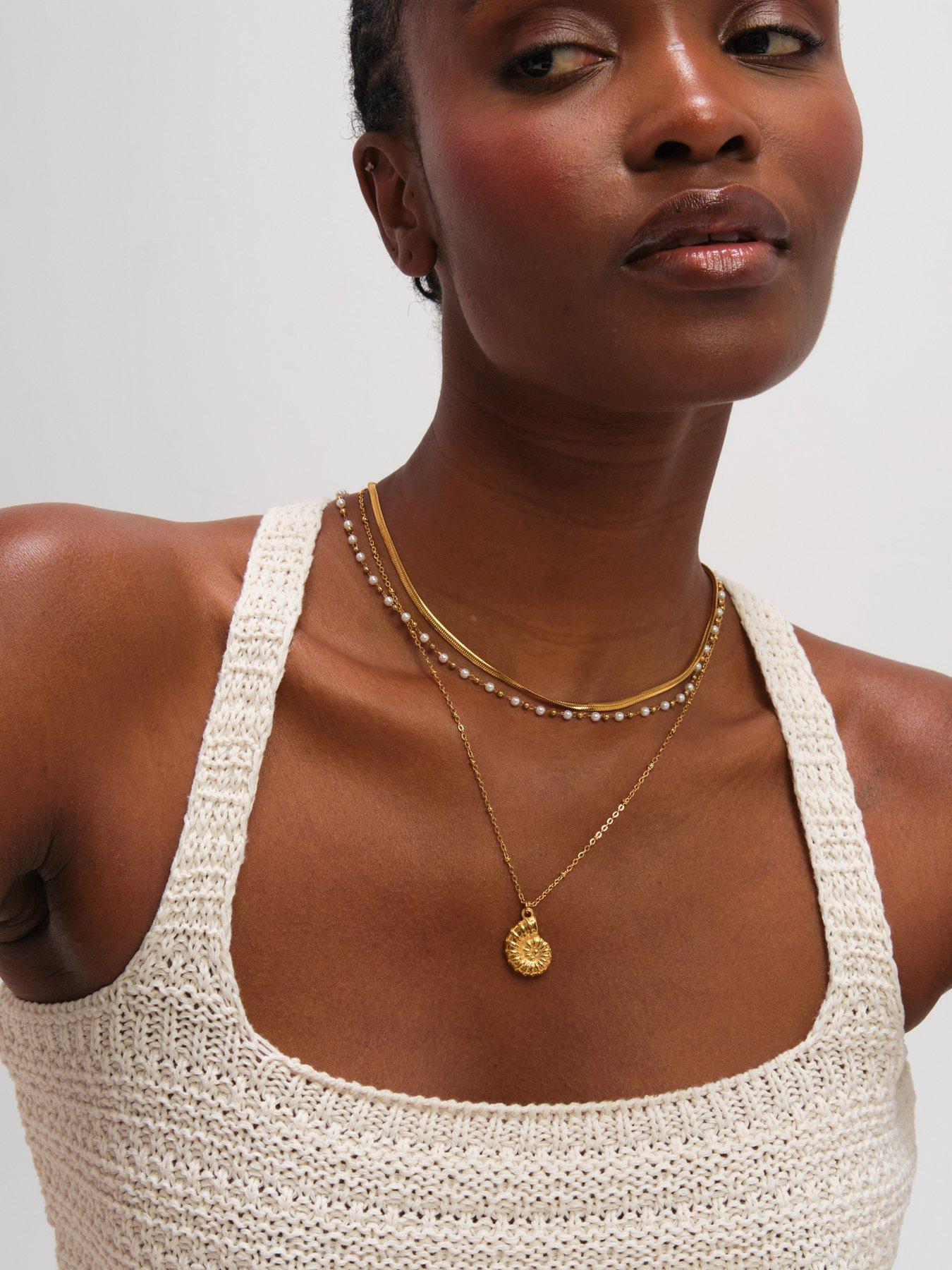 Image 3 of 3 of Jon Richard Jon Richard Gold Plated Waterproof Shell and Pearl Triple Row Necklace