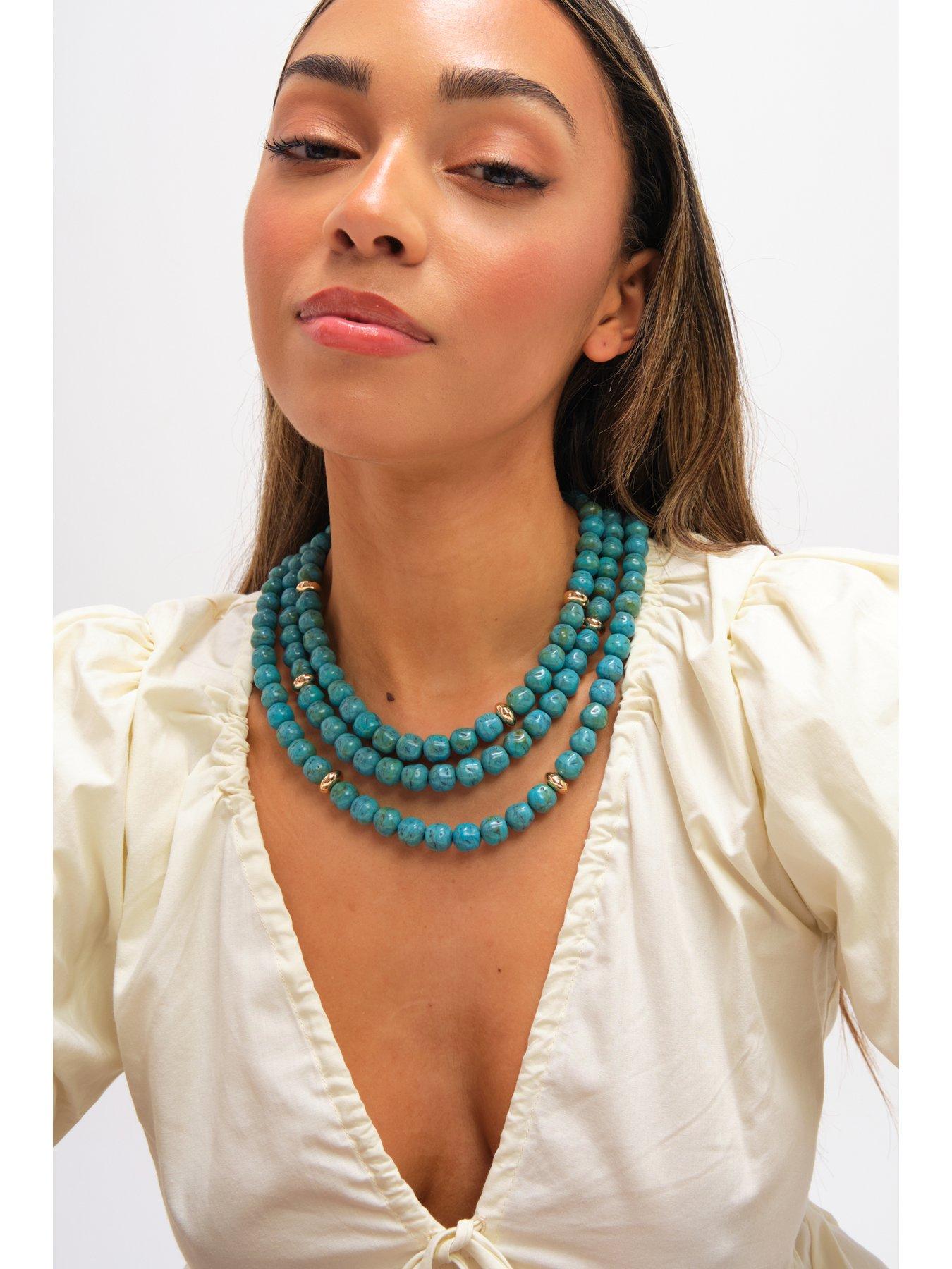 Image 3 of 3 of Mood Mood Gold Plated and Turquoise Bead Statement Multirow Necklace