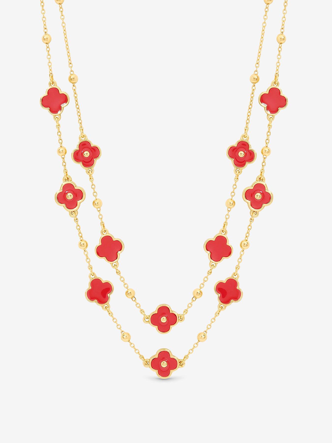 Mood Mood Gold Plated and Coral Clover Double Row Necklace