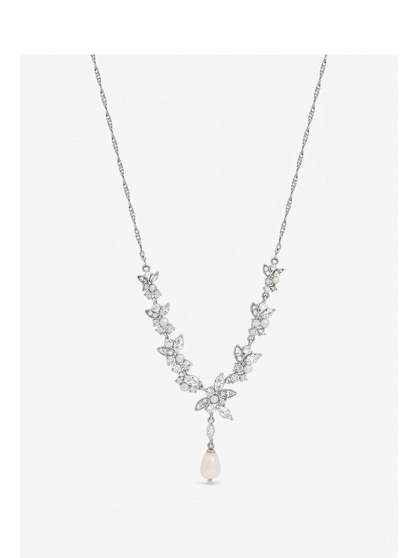Jon Richard Jon Richard Rhodium Plated Crystal and Freshweater Pearl Y-Drop Necklace