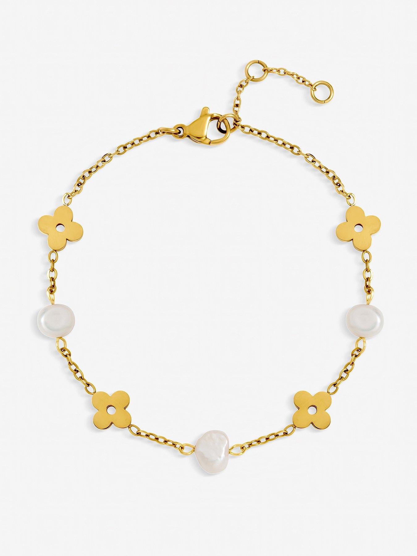 Jon Richard Jon Richard Gold Plated Waterproof Pearl and Floral Station Bracelet