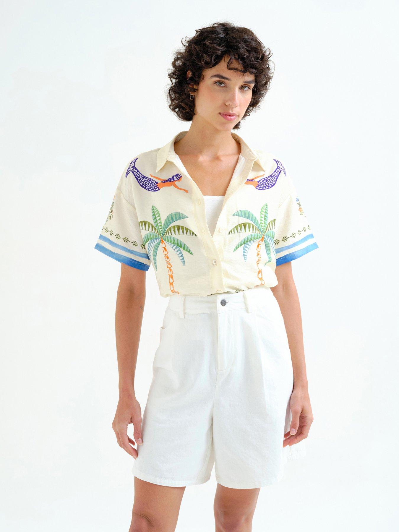 Compania Fantastica Palm  &  Mermaid Short Sleeve Shirt - White