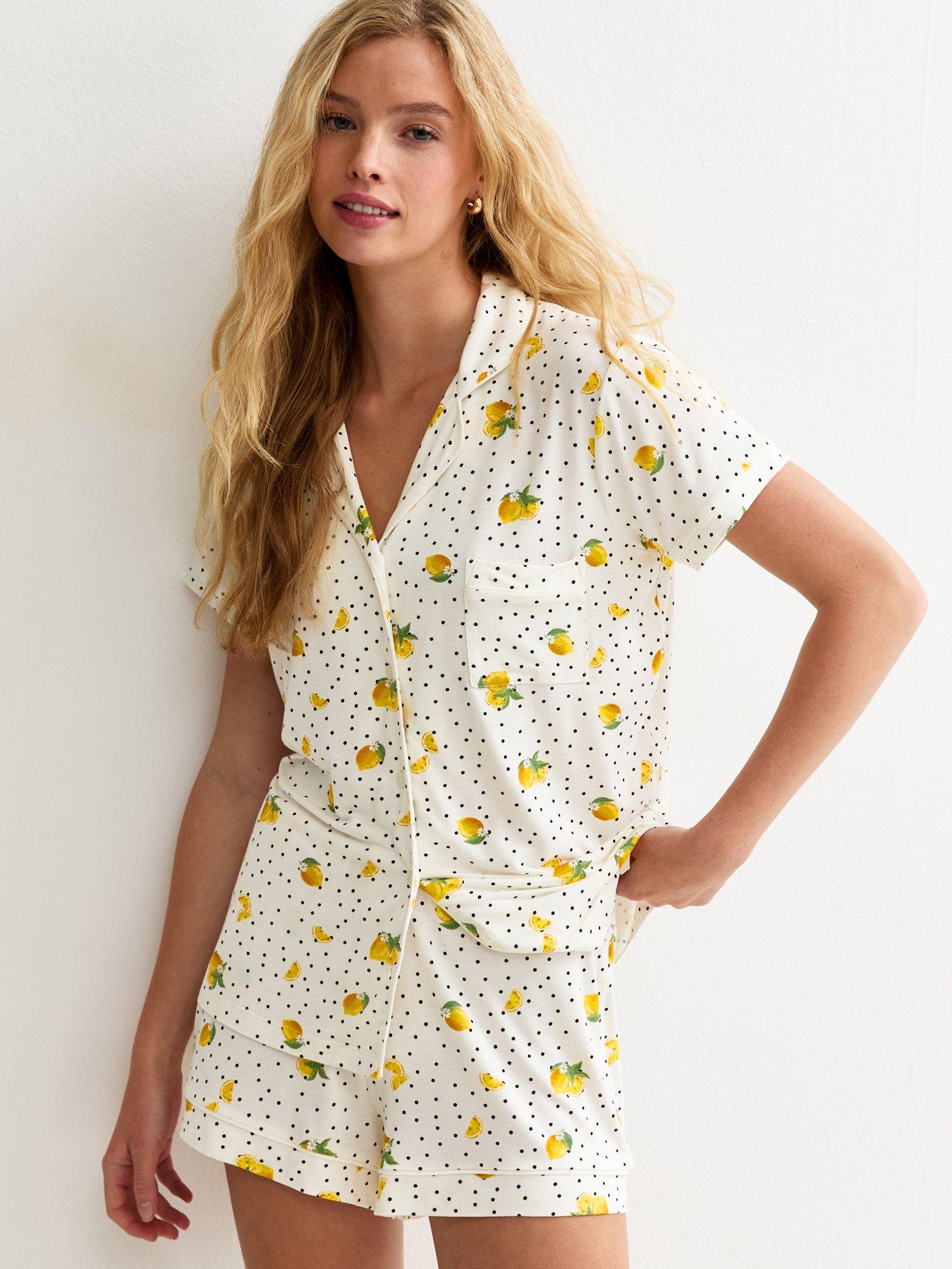 Image 1 of 5 of New Look Jersey Lemon Spot Print Pyjama Set - White