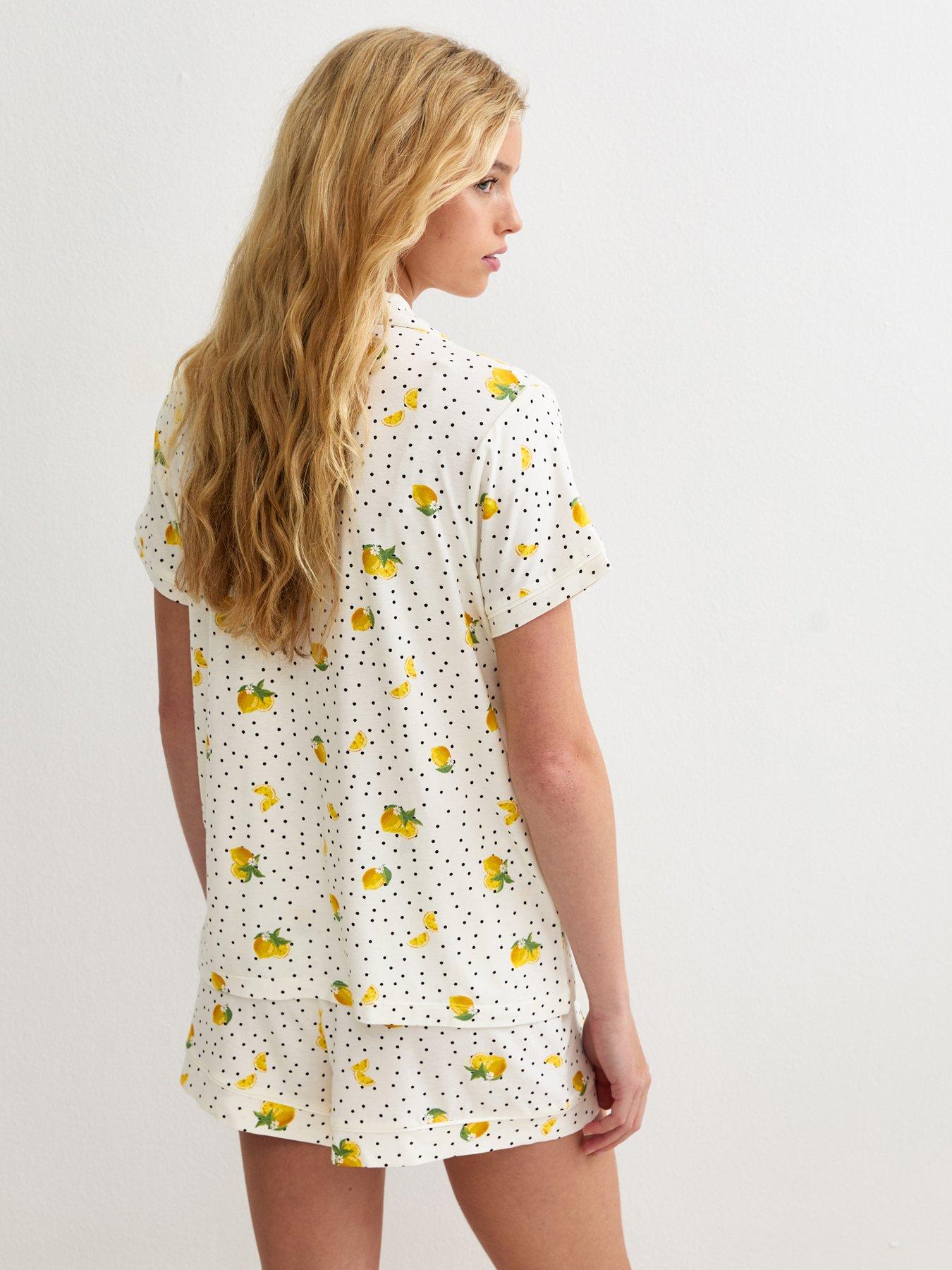 Image 2 of 5 of New Look Jersey Lemon Spot Print Pyjama Set - White