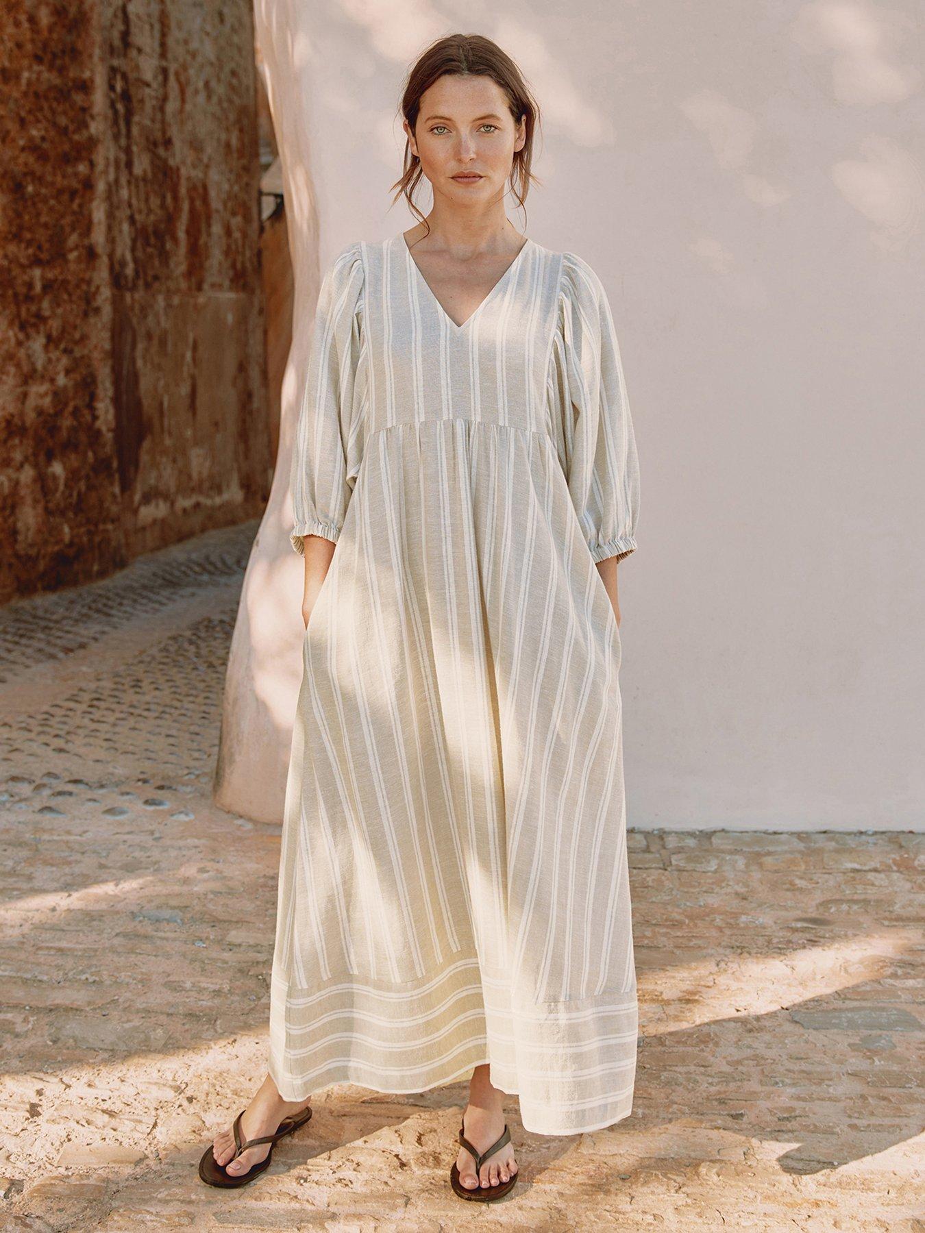 Albaray Linen Stripe V Neck Dress - Beige