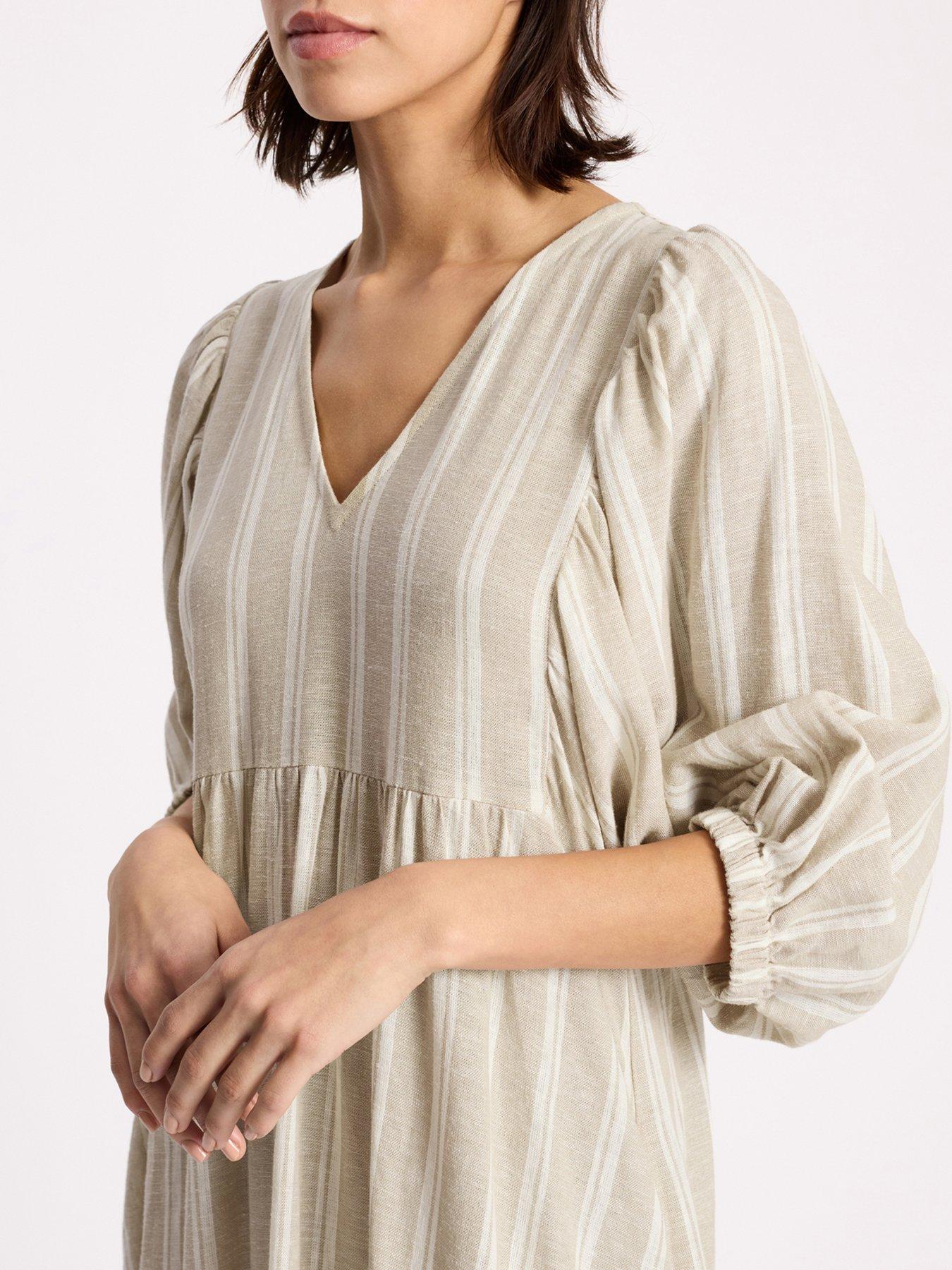 Image 3 of 5 of Albaray Linen Stripe V Neck Dress