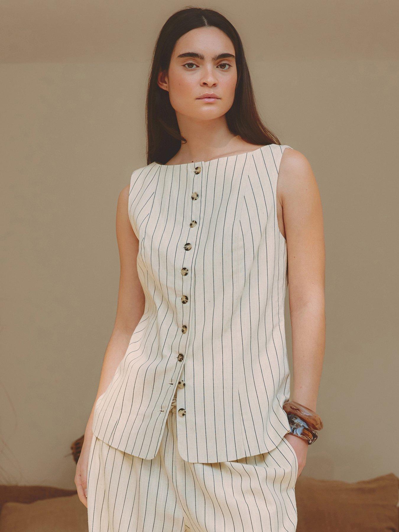 Image 1 of 6 of Albaray Linen Pinstripe Waistcoat - Cream