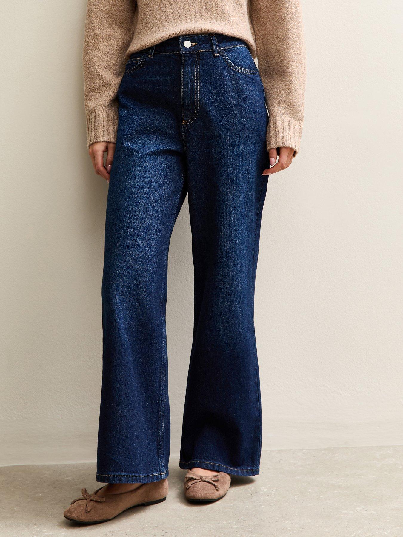 New Look Petite High Rise Wide Leg Jeans - Dark Blue