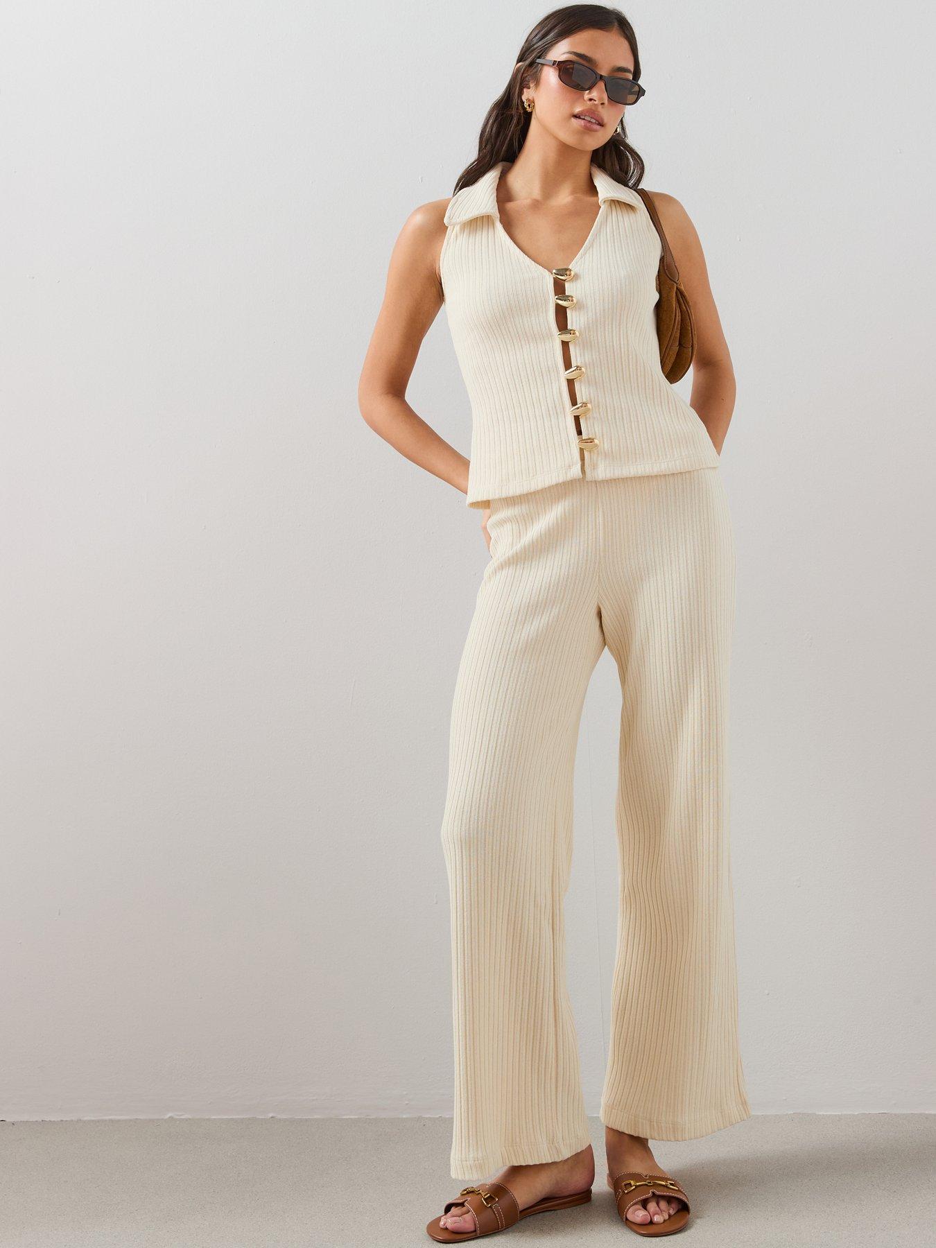 The Very Collection Textured Rib Wide Leg Co Ord Trousers - Cream